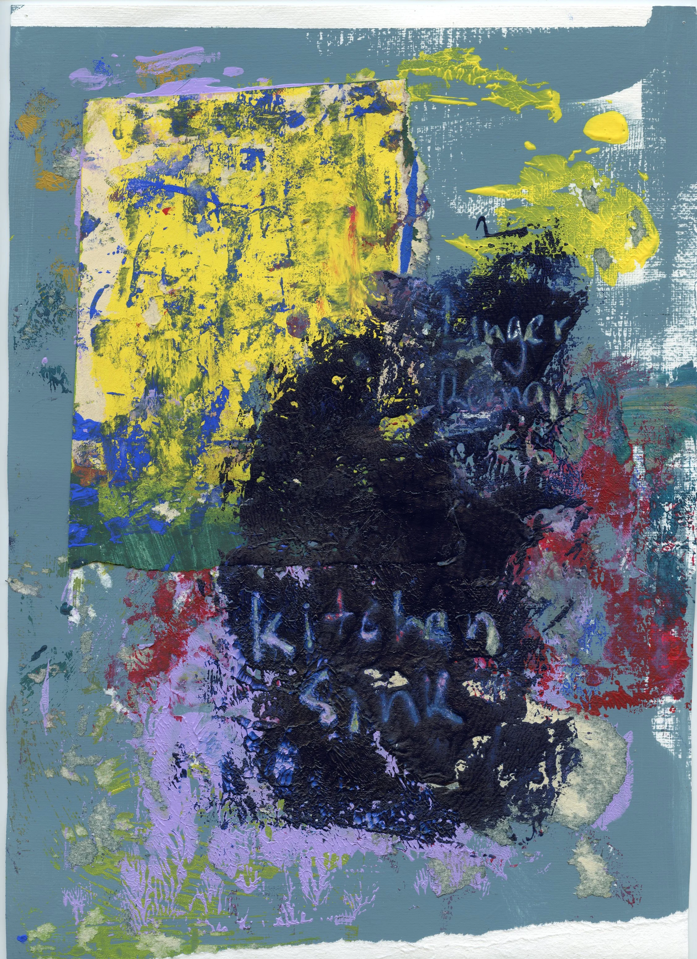 Abstract painting featuring a large yellow square on the top left, dark black text and shapes in the center, and various splashes of purple, red, and blue paint across a muted teal background.