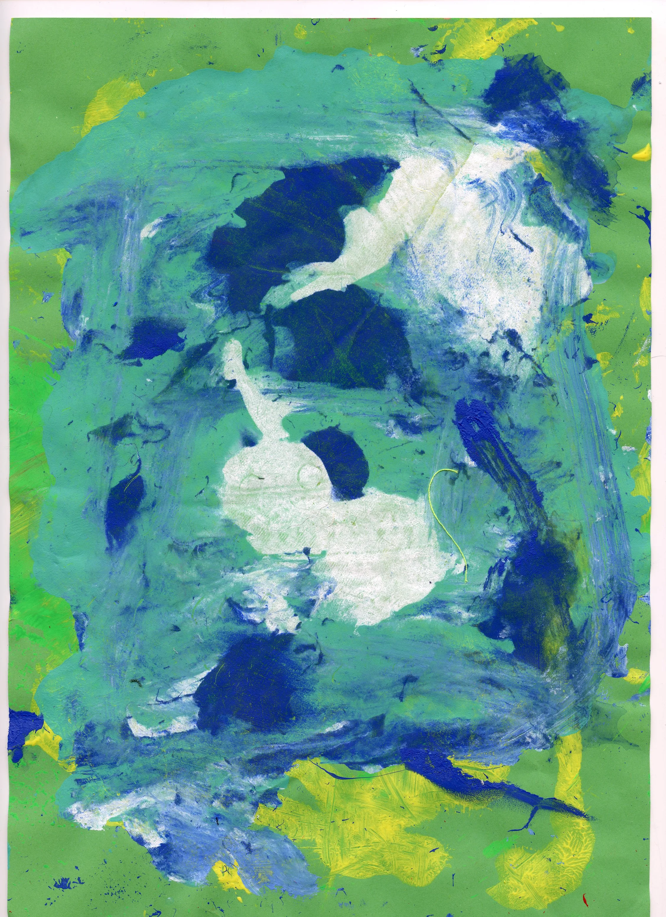 Abstract painting with dominant green, blue, and white brushstrokes and splashes, with some yellow and black accents.