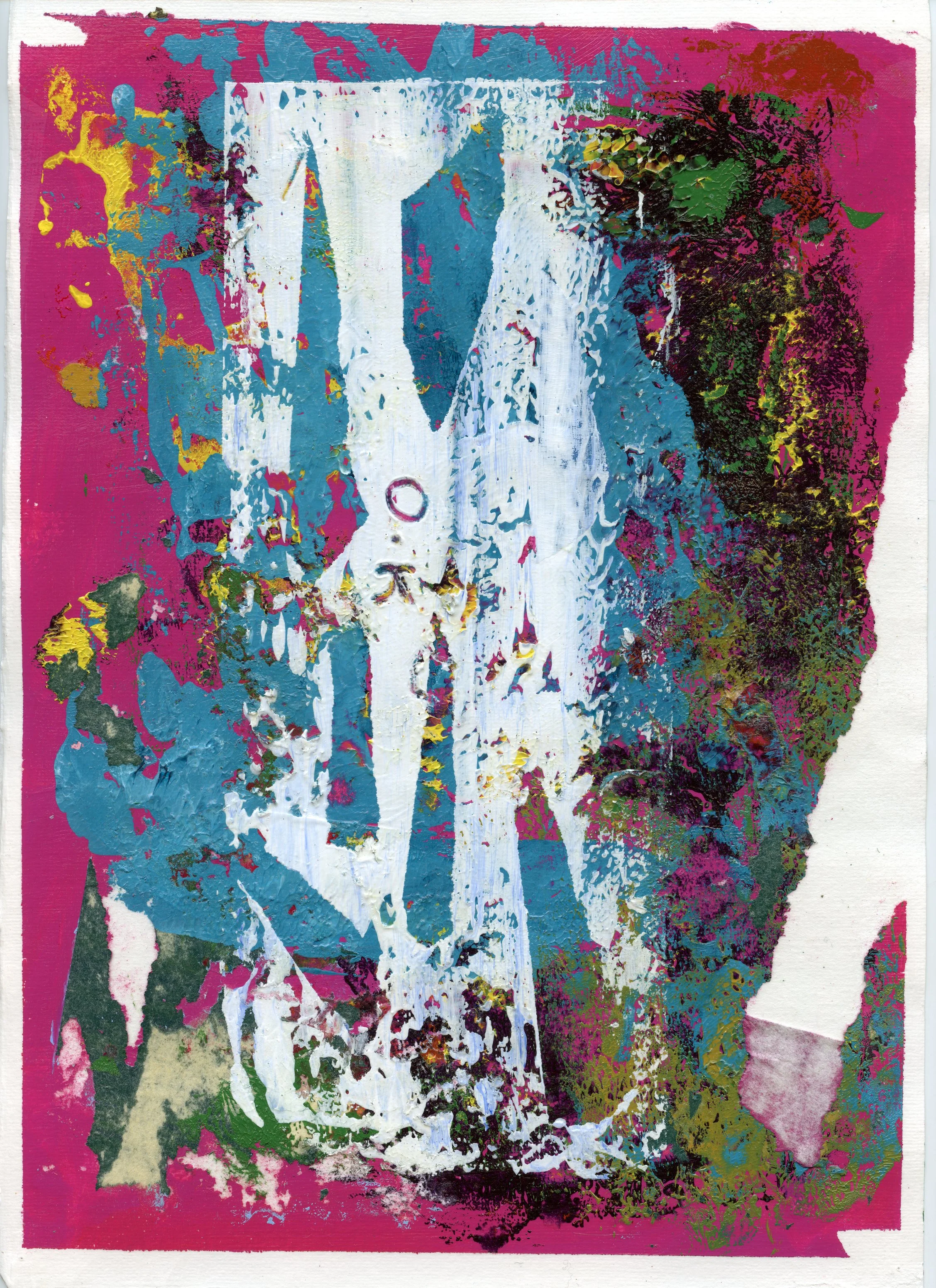 Abstract painting with vibrant pink, blue, green, yellow, black, and white colors, featuring thick textures and layered brushstrokes.