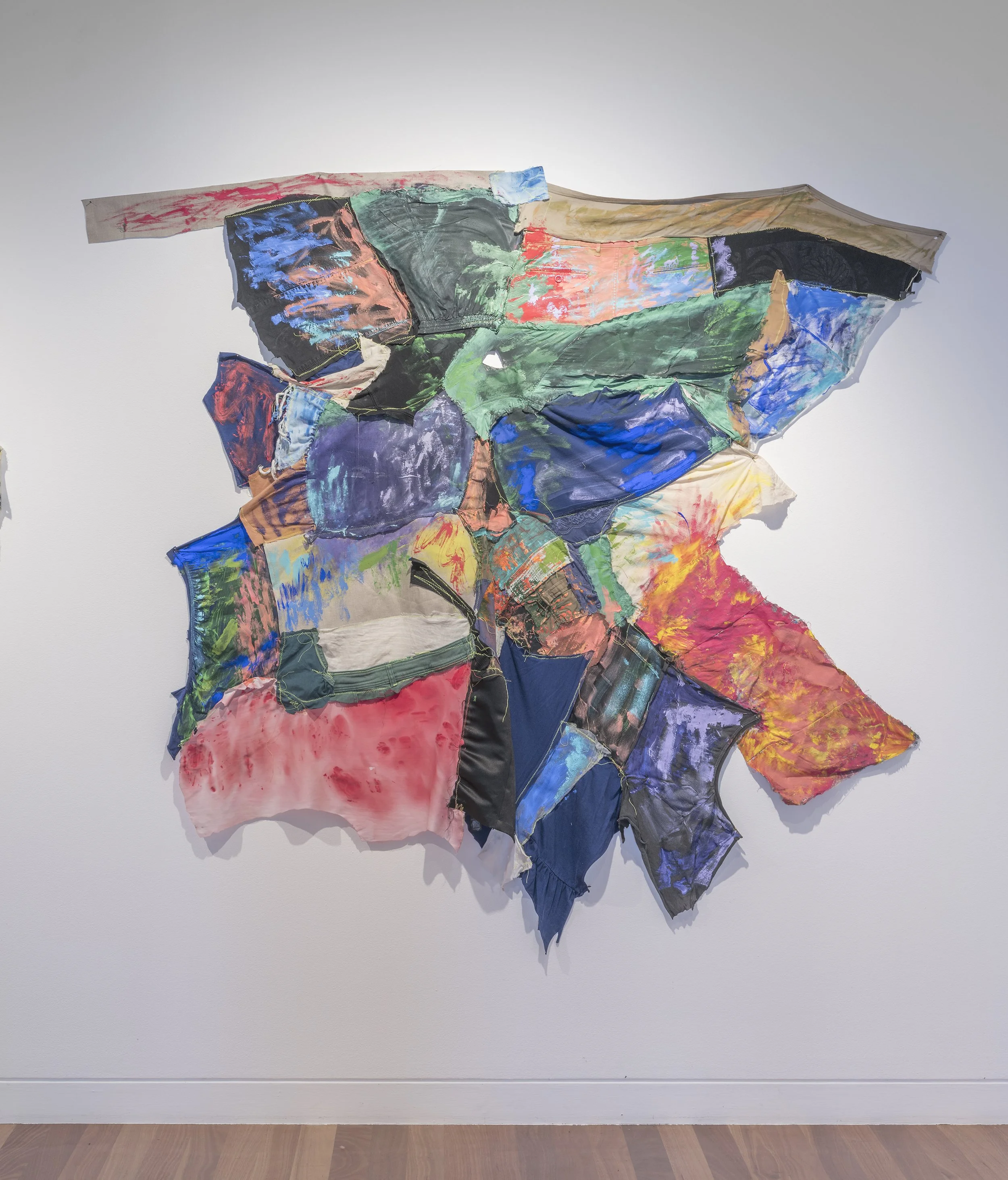 Phantasm, acrylic on a friend's cosplay, skirt, pillowcases, scrap textiles, pants, singlet and t-shirts machine-stitched together, 237 x 207cm