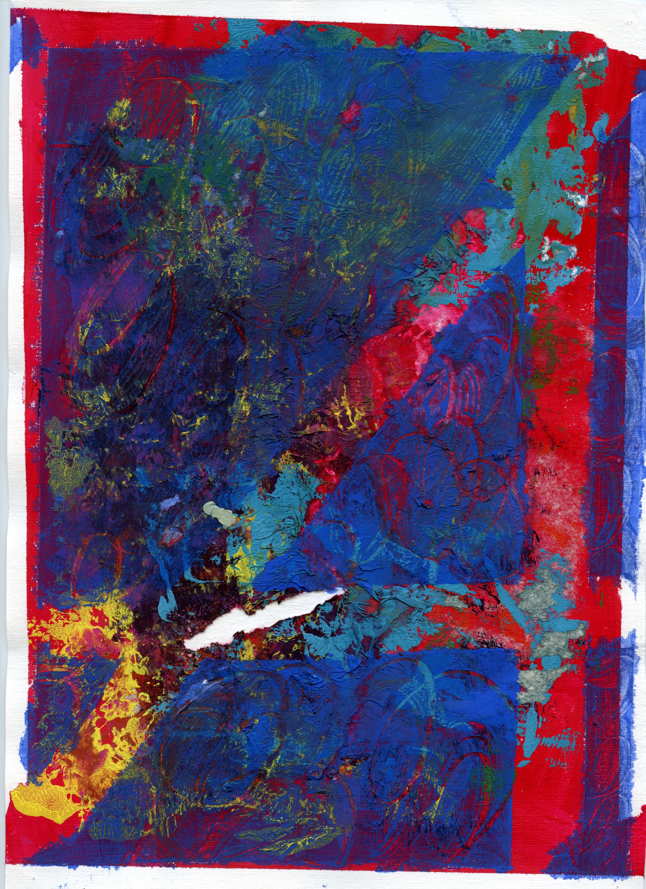 Abstract colorful mixed media artwork with layers of paint, including blue, red, yellow, and green, with some torn paper elements.