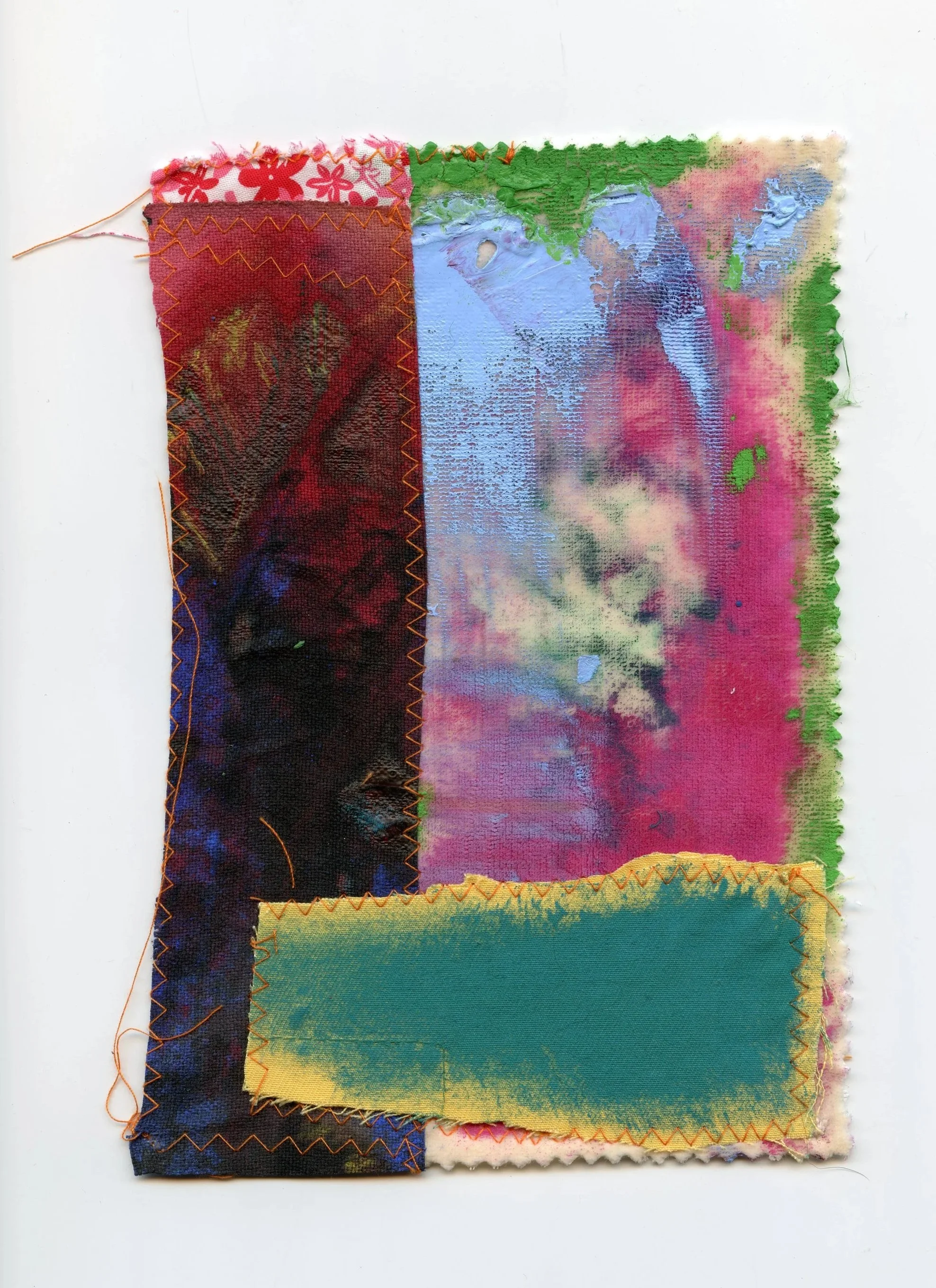 Backseat, 2025, acrylic on machine-stitched found textiles, 21 x 13.5cm
