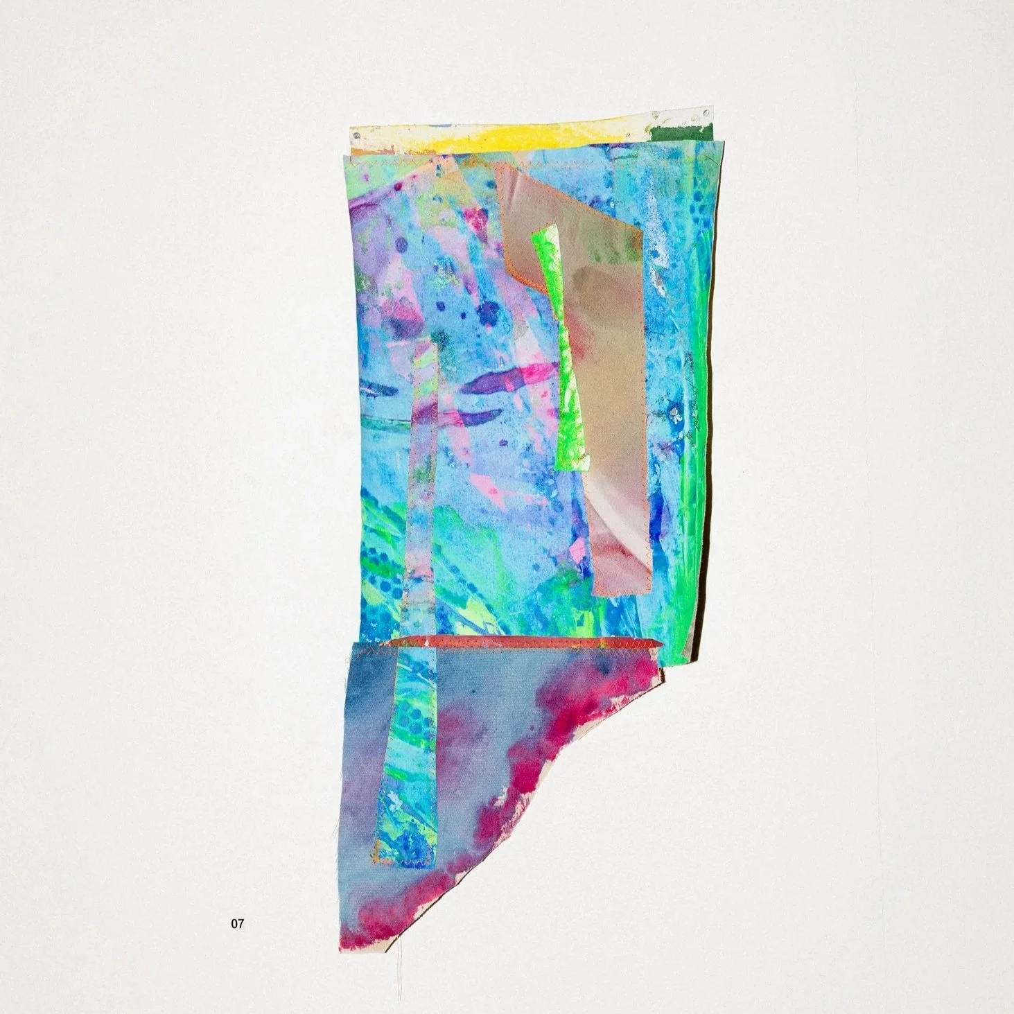 Sophia Childs, Flicker in the Sky,
2025, acrylic on machine-stitched
found textiles