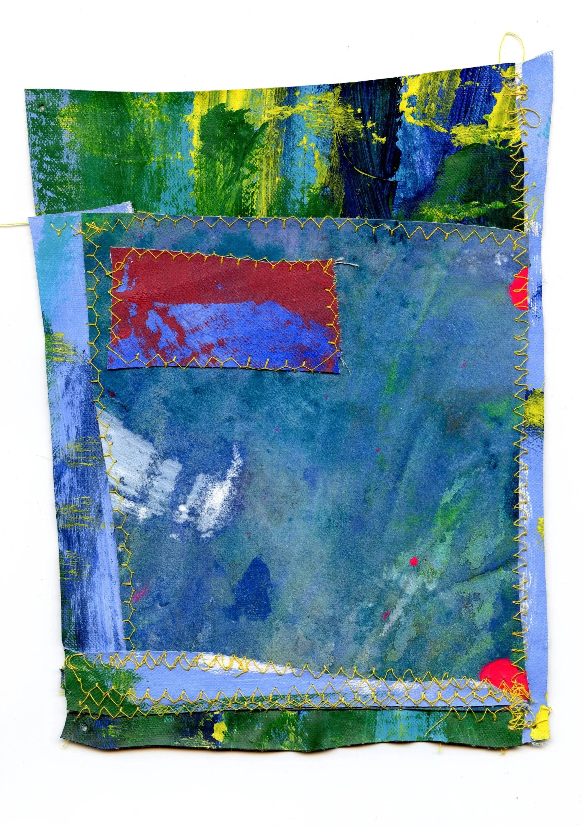 Sophia Childs, Couple of years,
2025, acrylic on machine-stitched
found textiles, 22 x 16cm