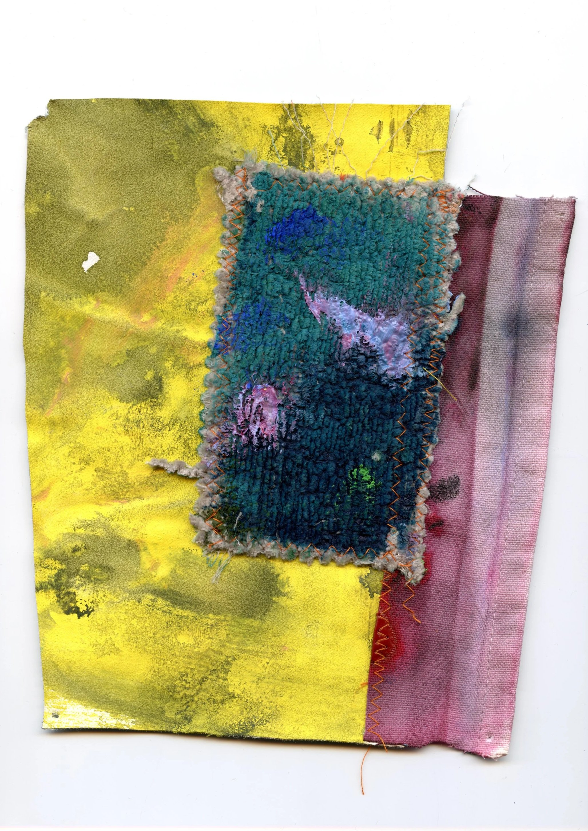 Sophia Childs, Change your mind,
2025, acrylic on machine-stitched
found textiles, 20 x 17.5cm