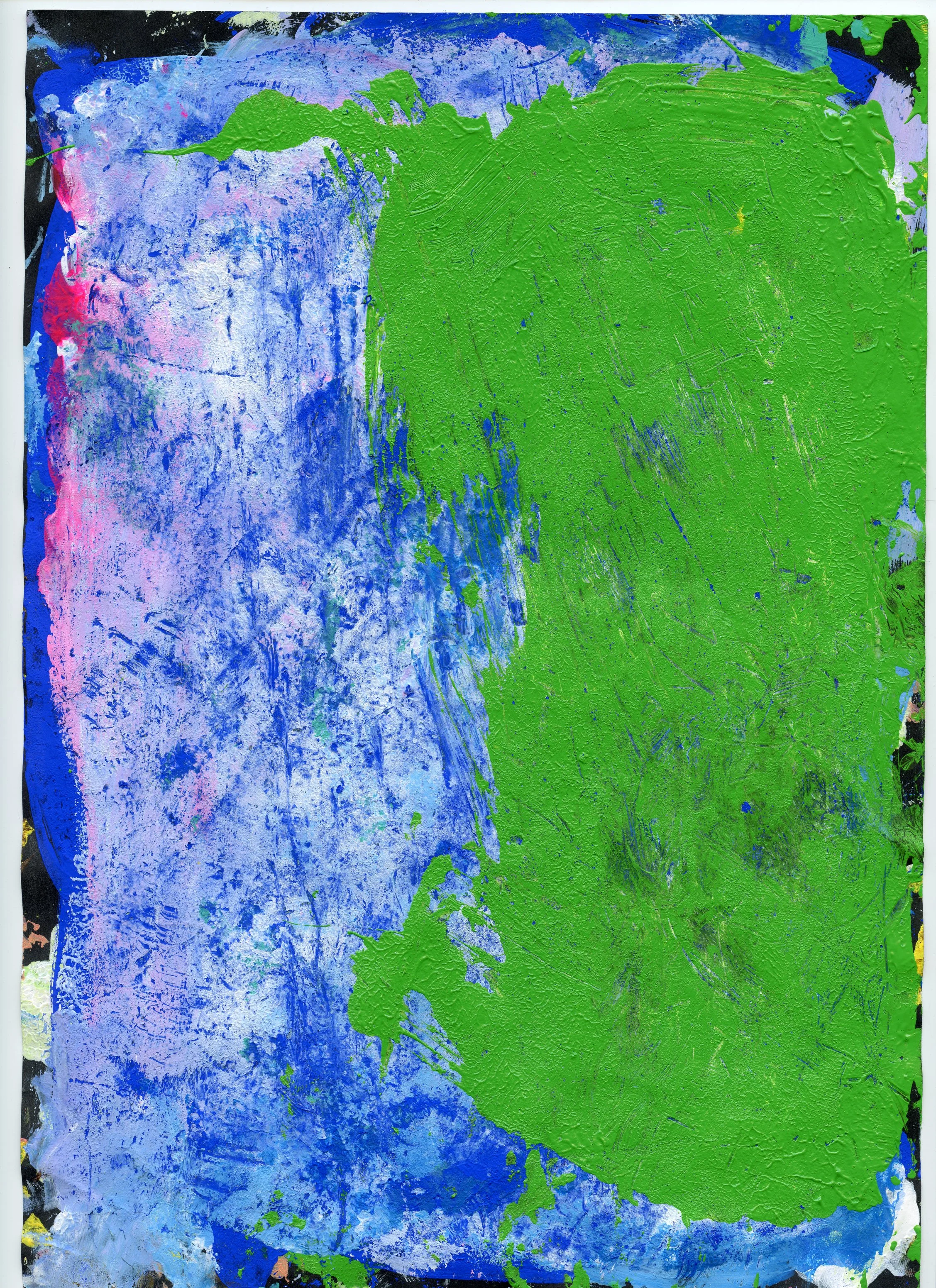 Abstract painting with blue, purple, pink, and green textured brushstrokes.