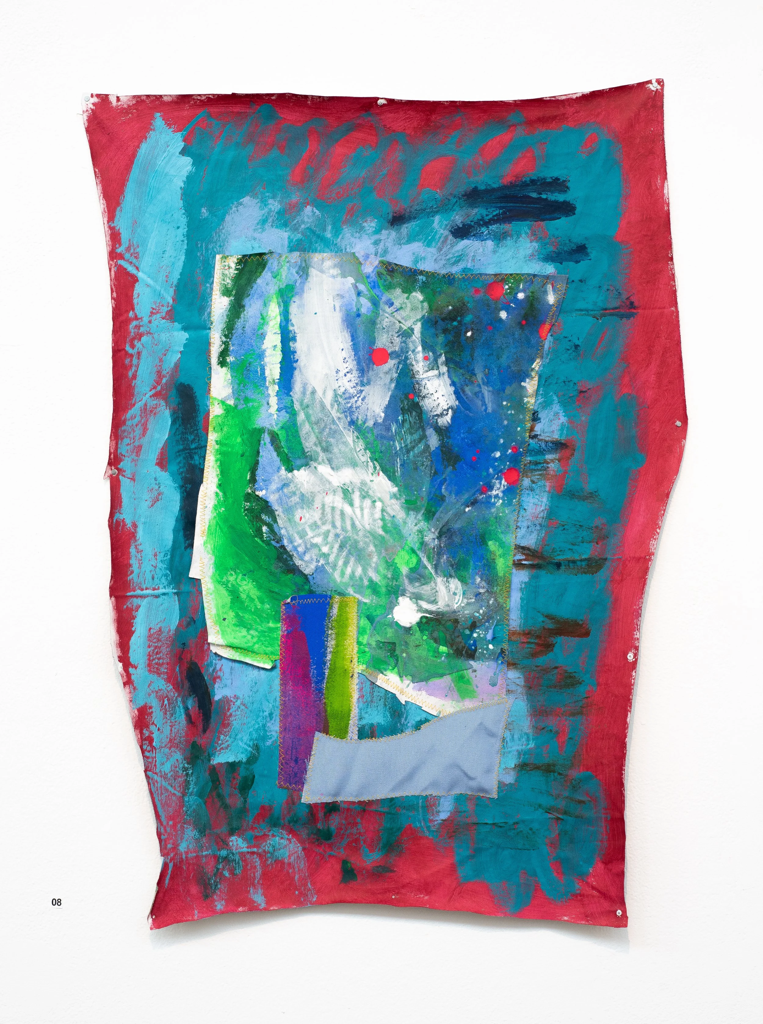 Sophia Childs, Hedge Knight, 2025,
acrylic on machine-stitched found
textiles, 77x55cm