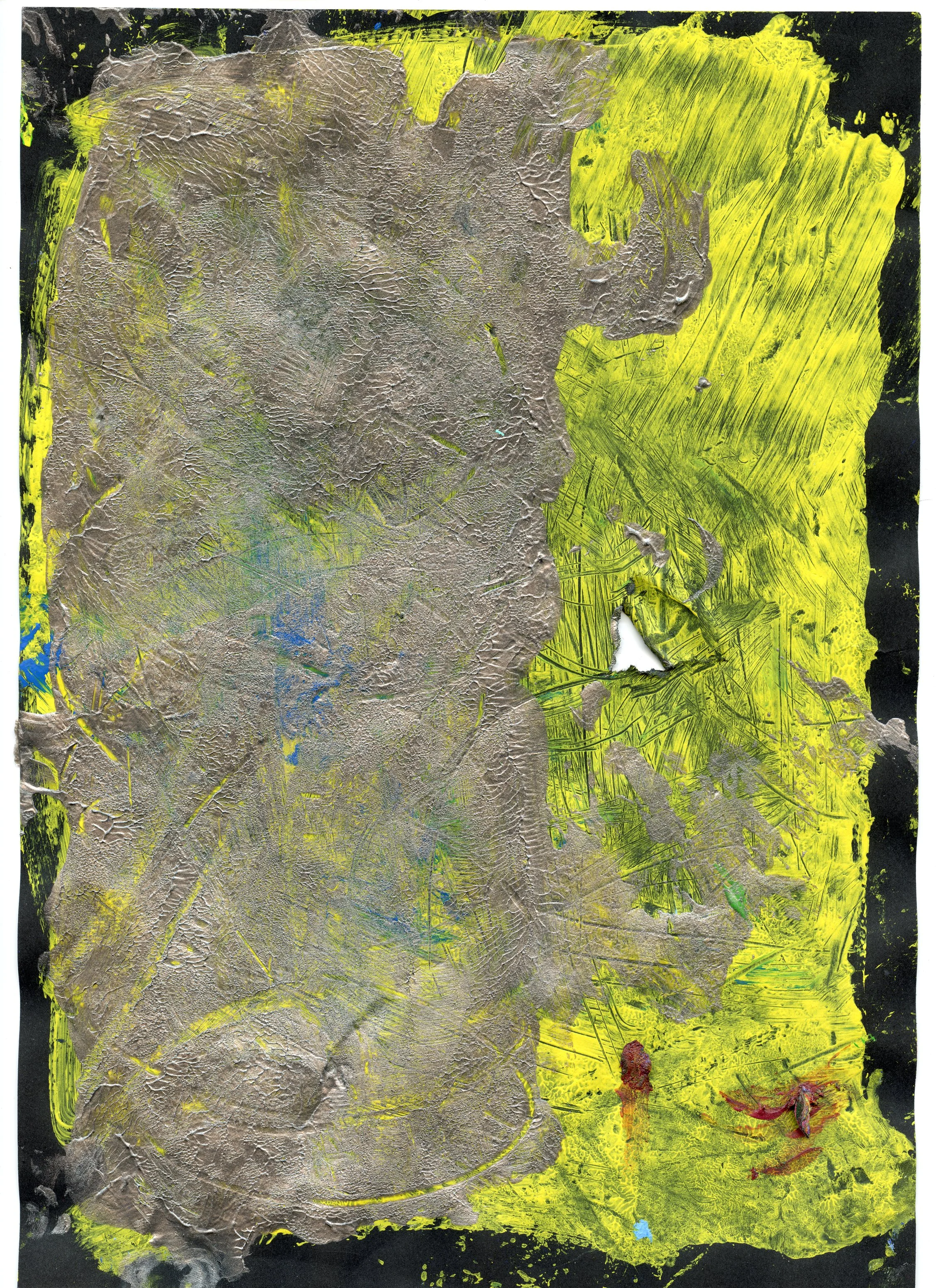 Mixed media abstract artwork with bright yellow background, textured grayish area in the upper left, and splashes of red, blue, and green paint.