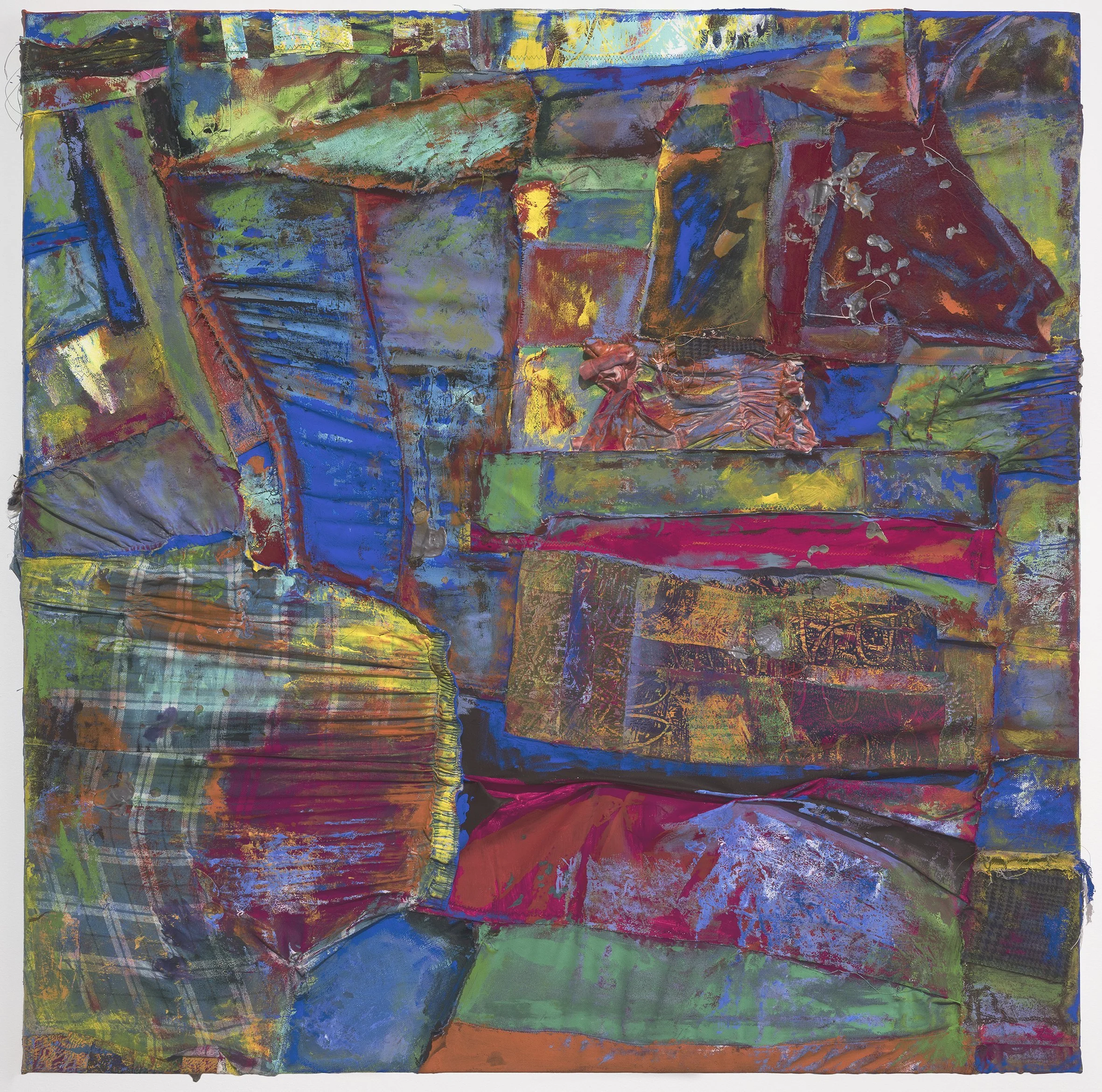 That which survives (1), 2023, acrylic on machine-stitched stretched canvas made from heavy linen, hessian, denim, cashmere, cotton, polycotton, wool, old towel turned paint rag, old pjs, a favourite singlet that became too small, old gifted clothes,