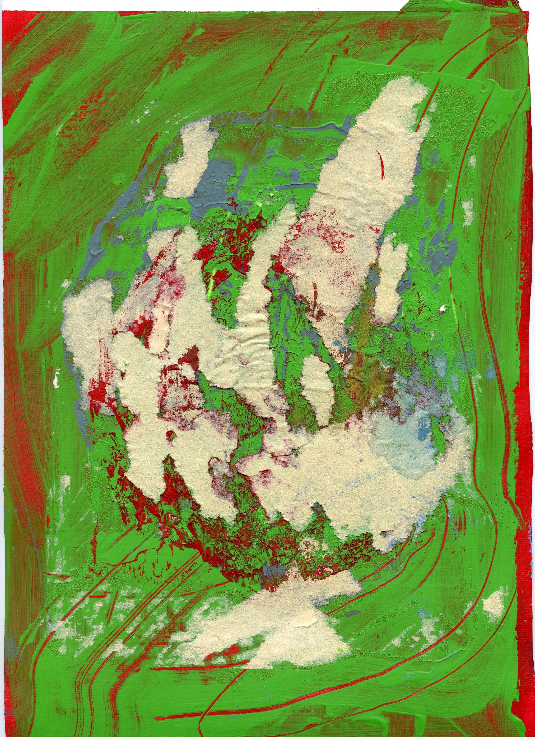 Abstract painting with bright green background, red, blue, and beige paint smears and textures.