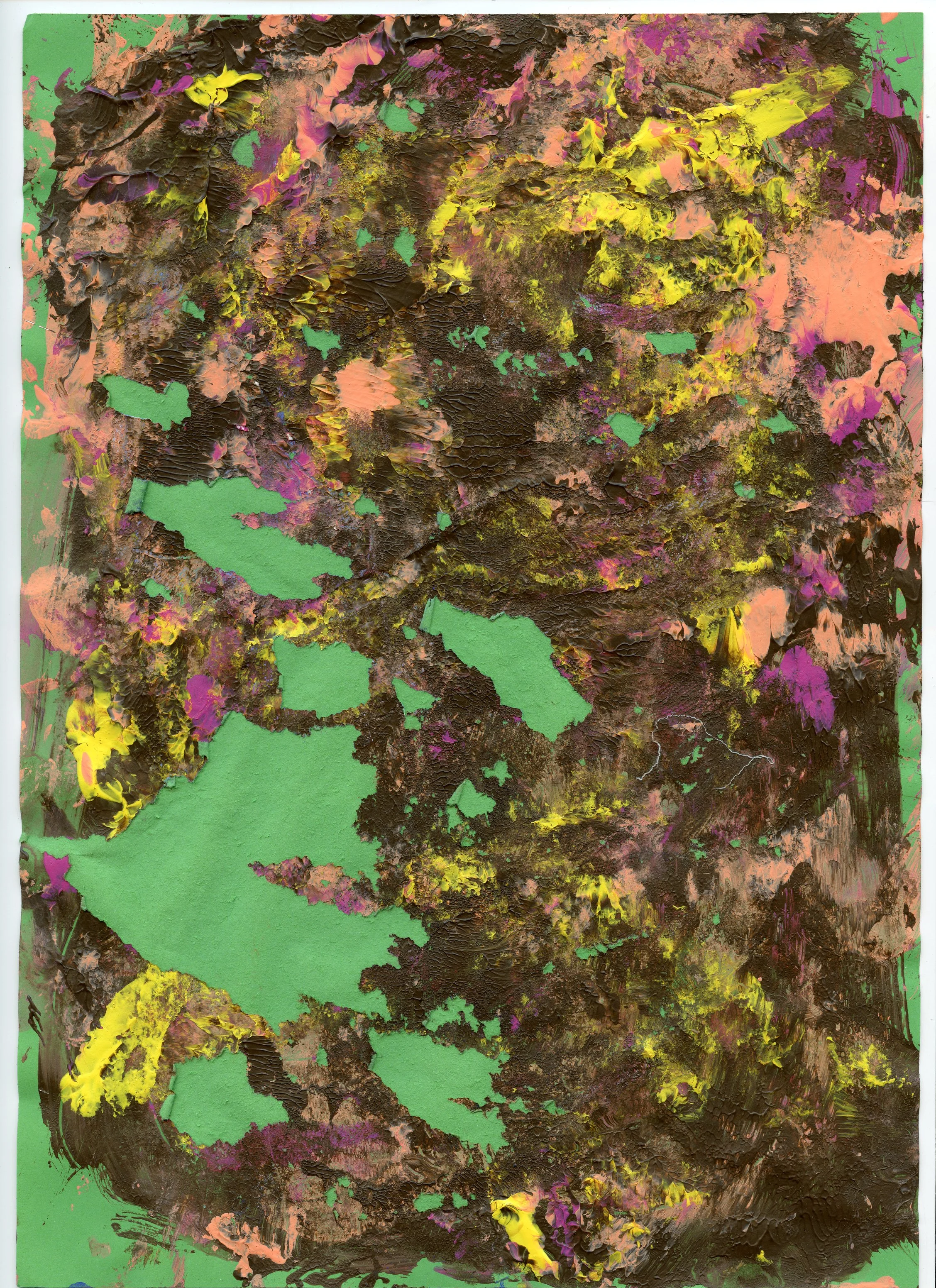 Abstract textured painting with green, black, pink, and yellow paint layered and splattered across the canvas.