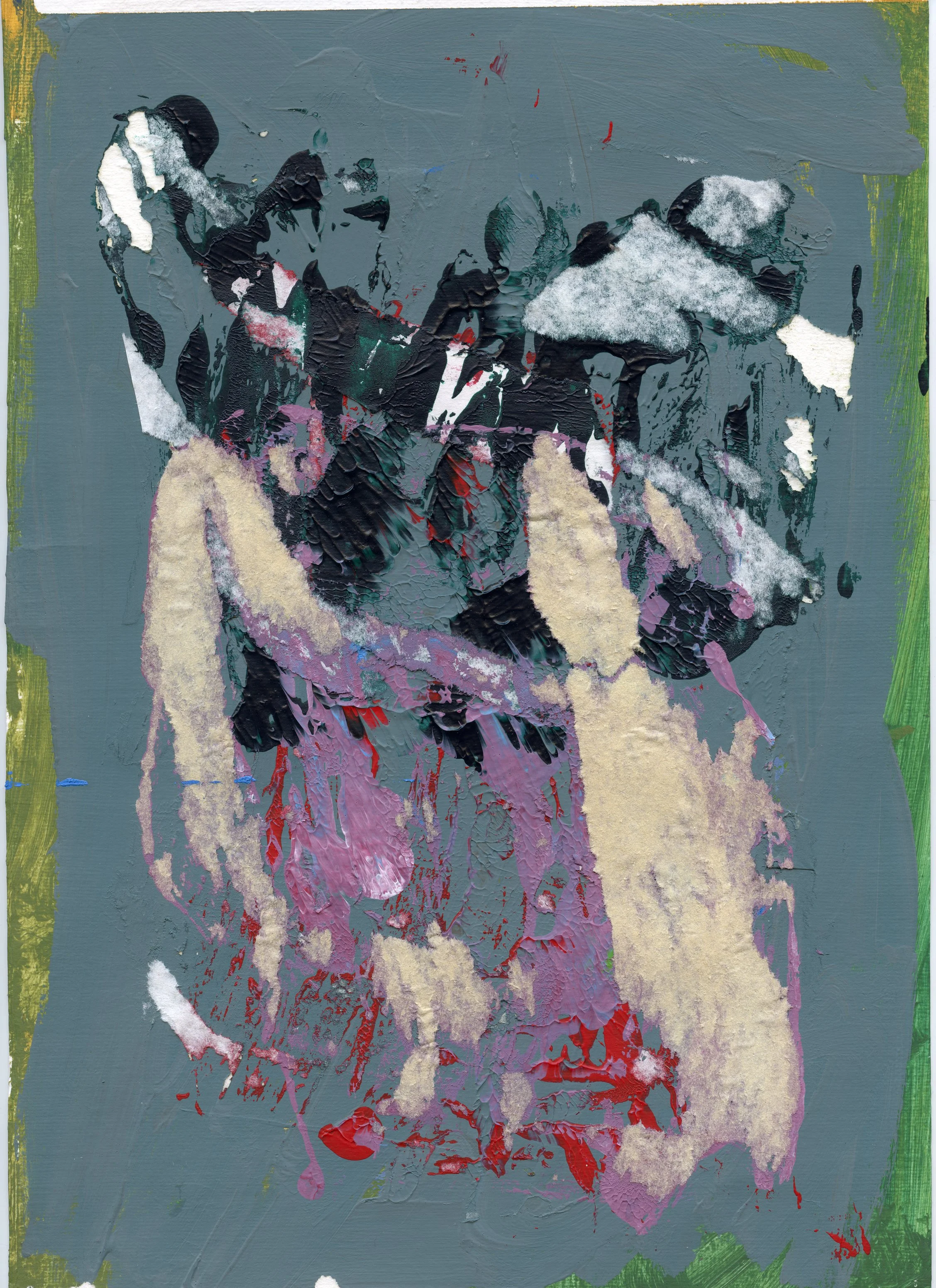 Abstract painting with layered textures and colors, including black, pink, white, green, and gray strokes.