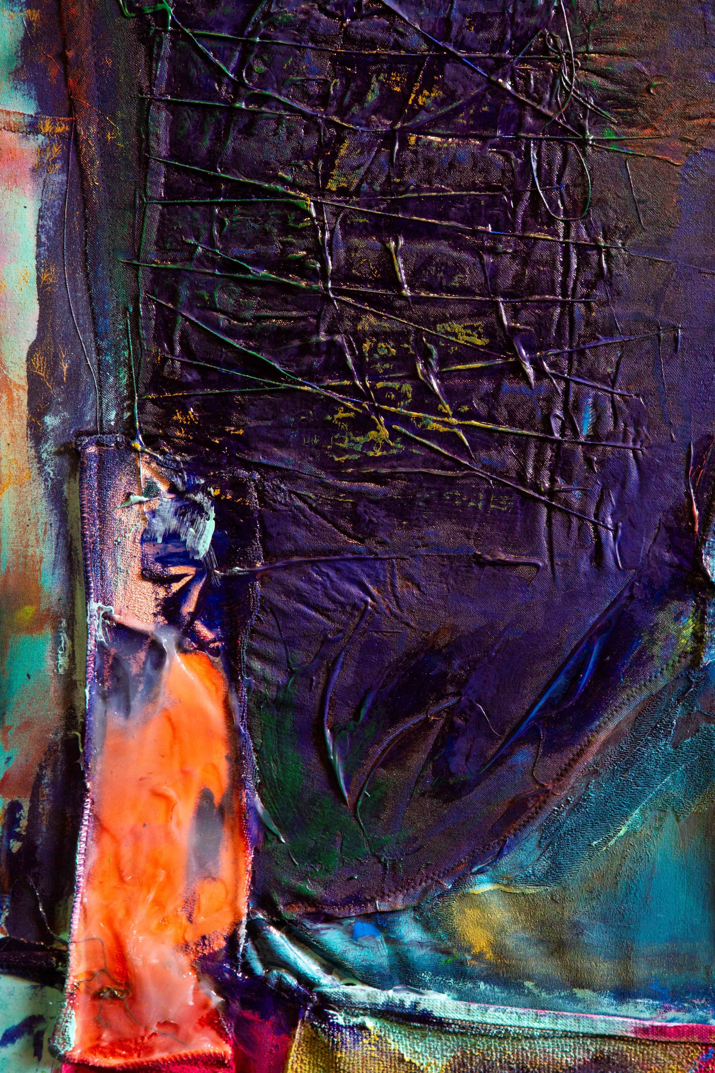 Close-up of an abstract, textured painting with dark purple, green, and vibrant orange colors and intricate, raised lines.