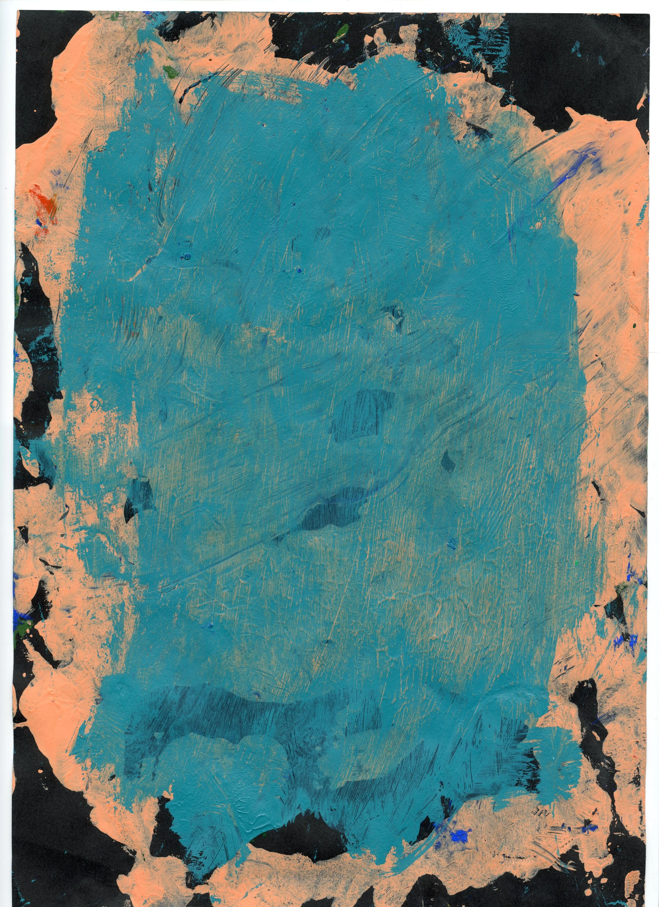 Abstract painting featuring a large central blue area with textured brushstrokes, surrounded by black and peach-colored splashes and streaks.