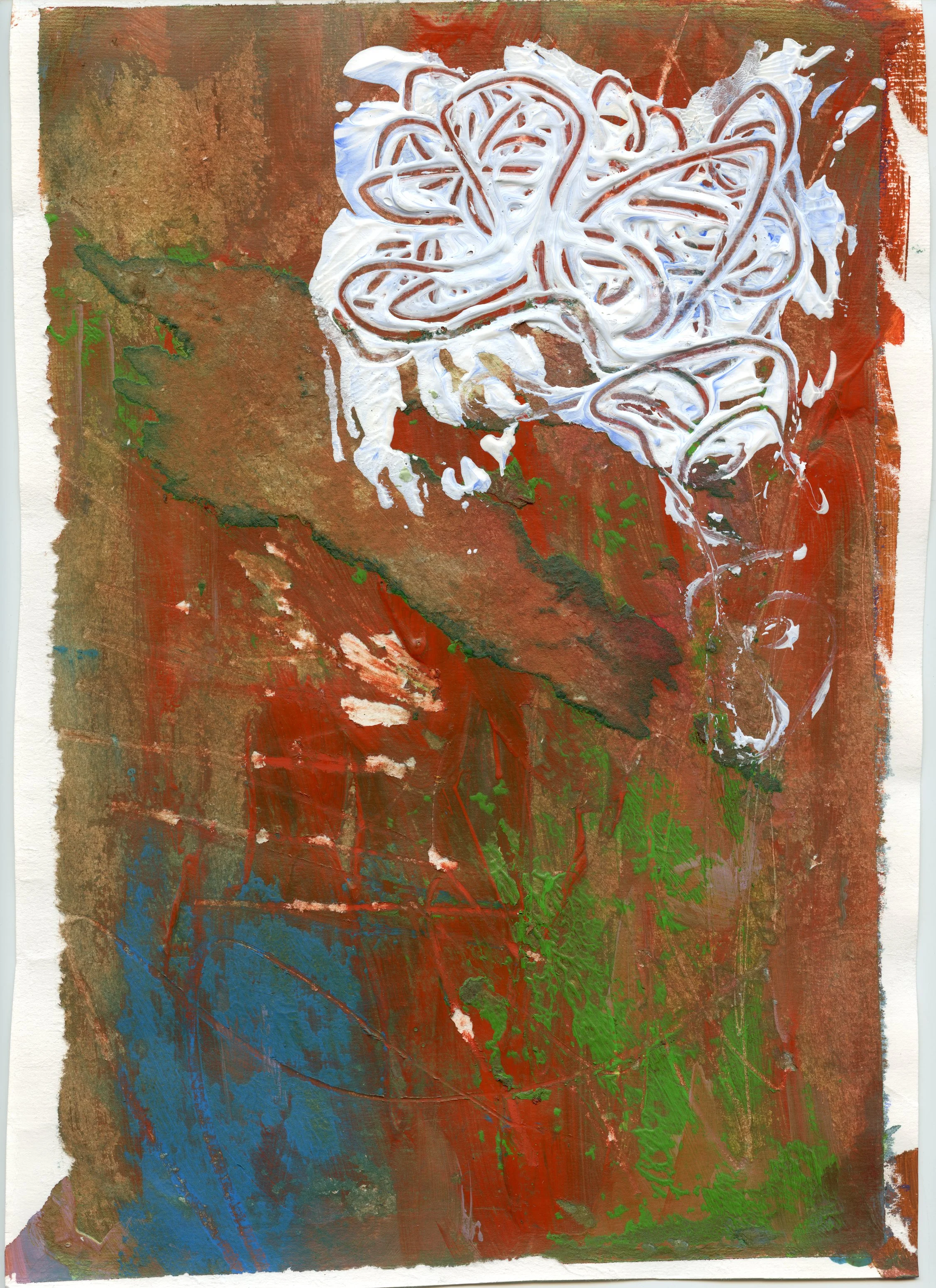An abstract painting featuring a textured, reddish-brown background with splashes of green and blue. A prominent white, swirling line art  is at the top center of the image.