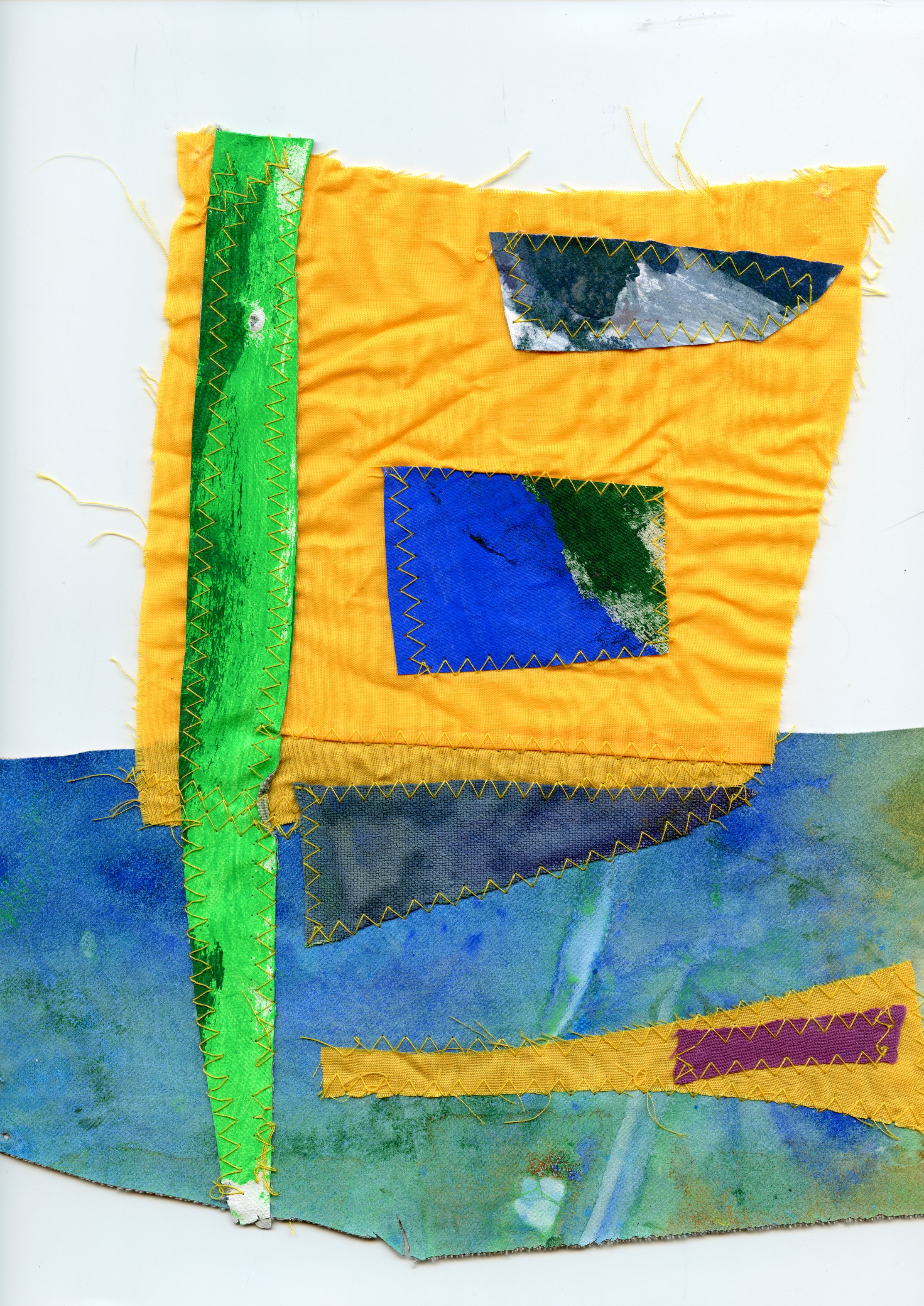 Sophia Childs, Buses, 2025, acrylic
on machine-stitched found textiles,
22 x 25cm