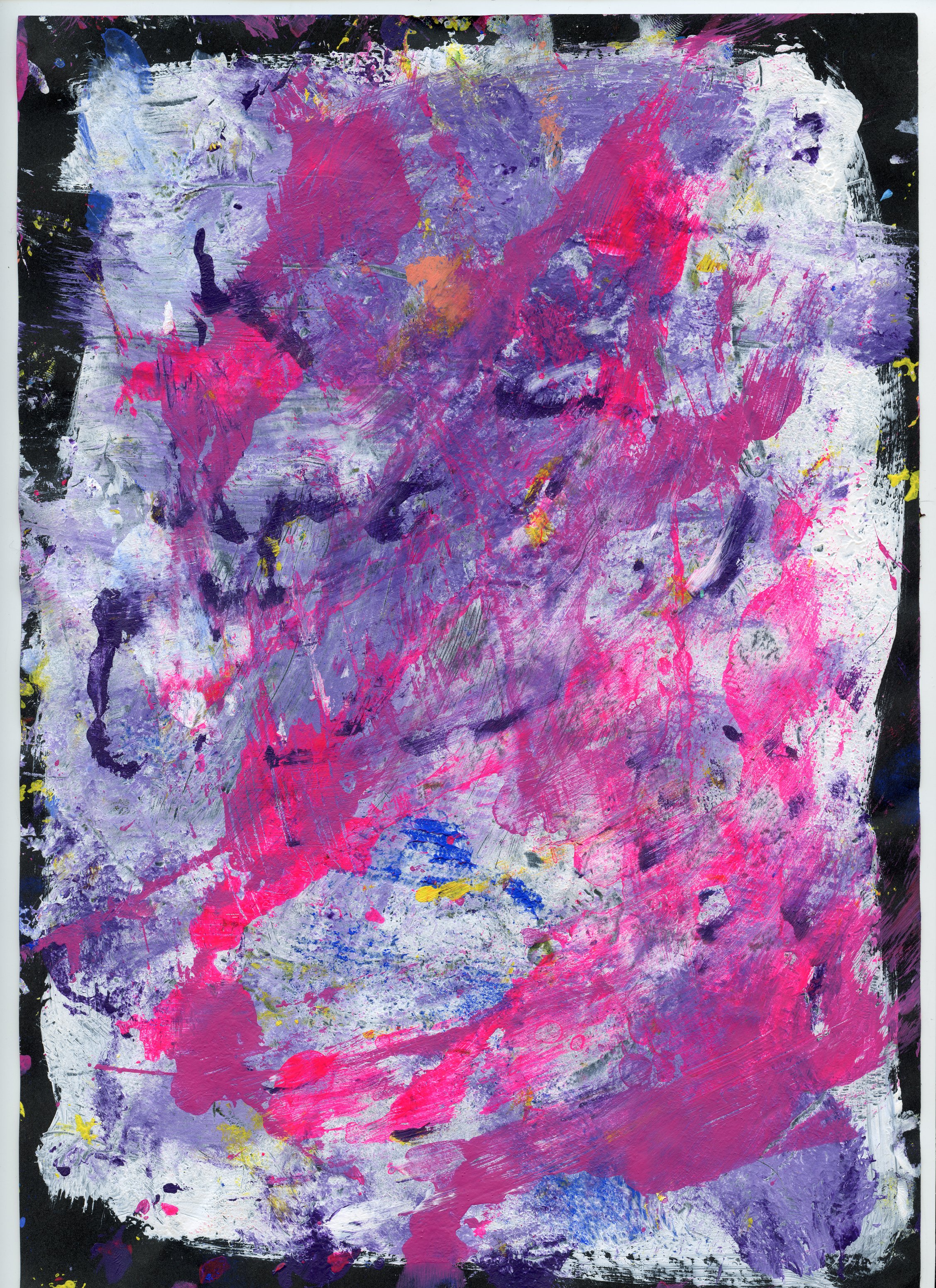 Abstract colorful painting with shades of purple, pink, white, yellow, and blue, with a textured and layered appearance.
