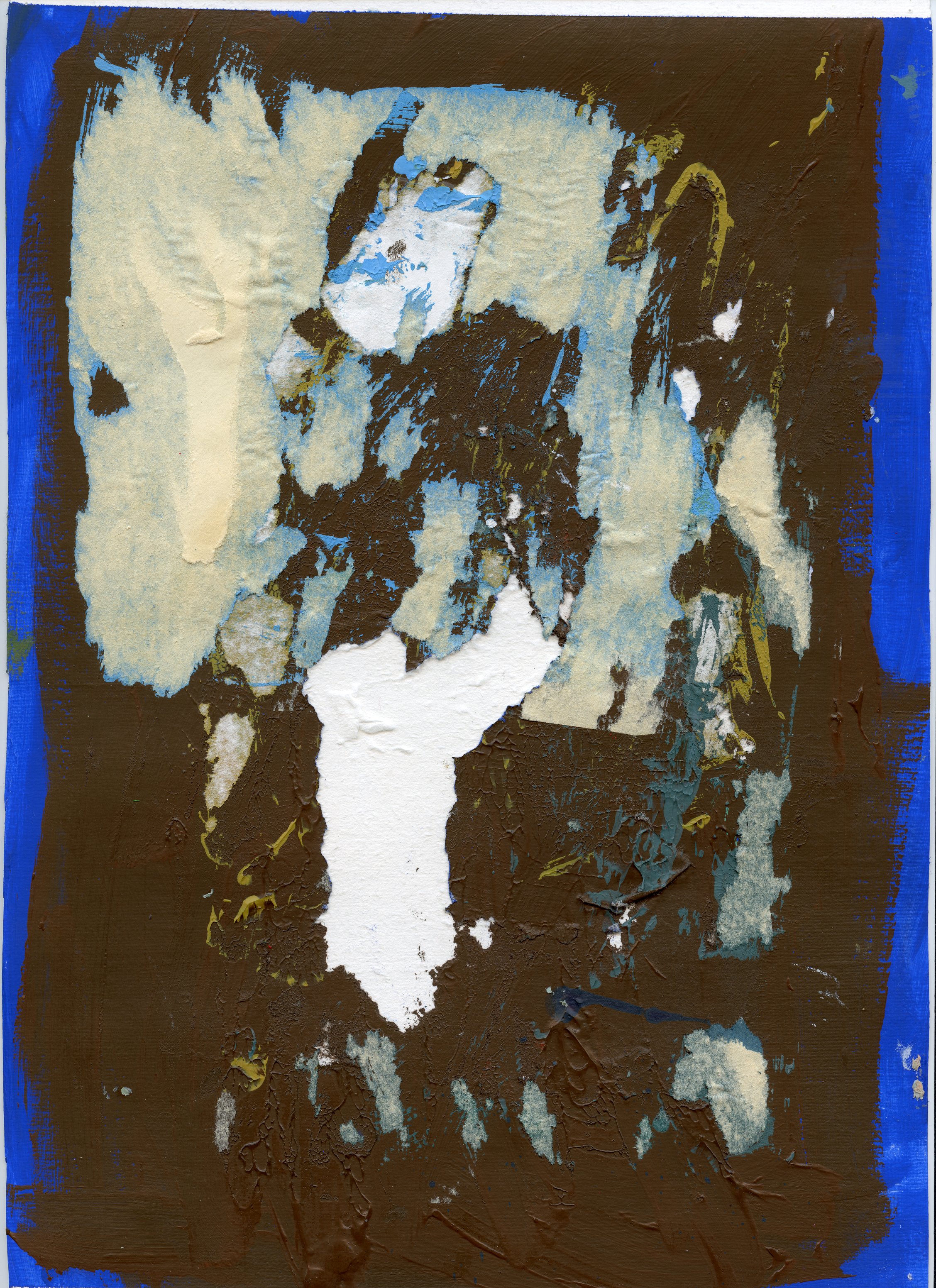 An abstract painting with textured layers of brown, blue, white, and beige colors. 