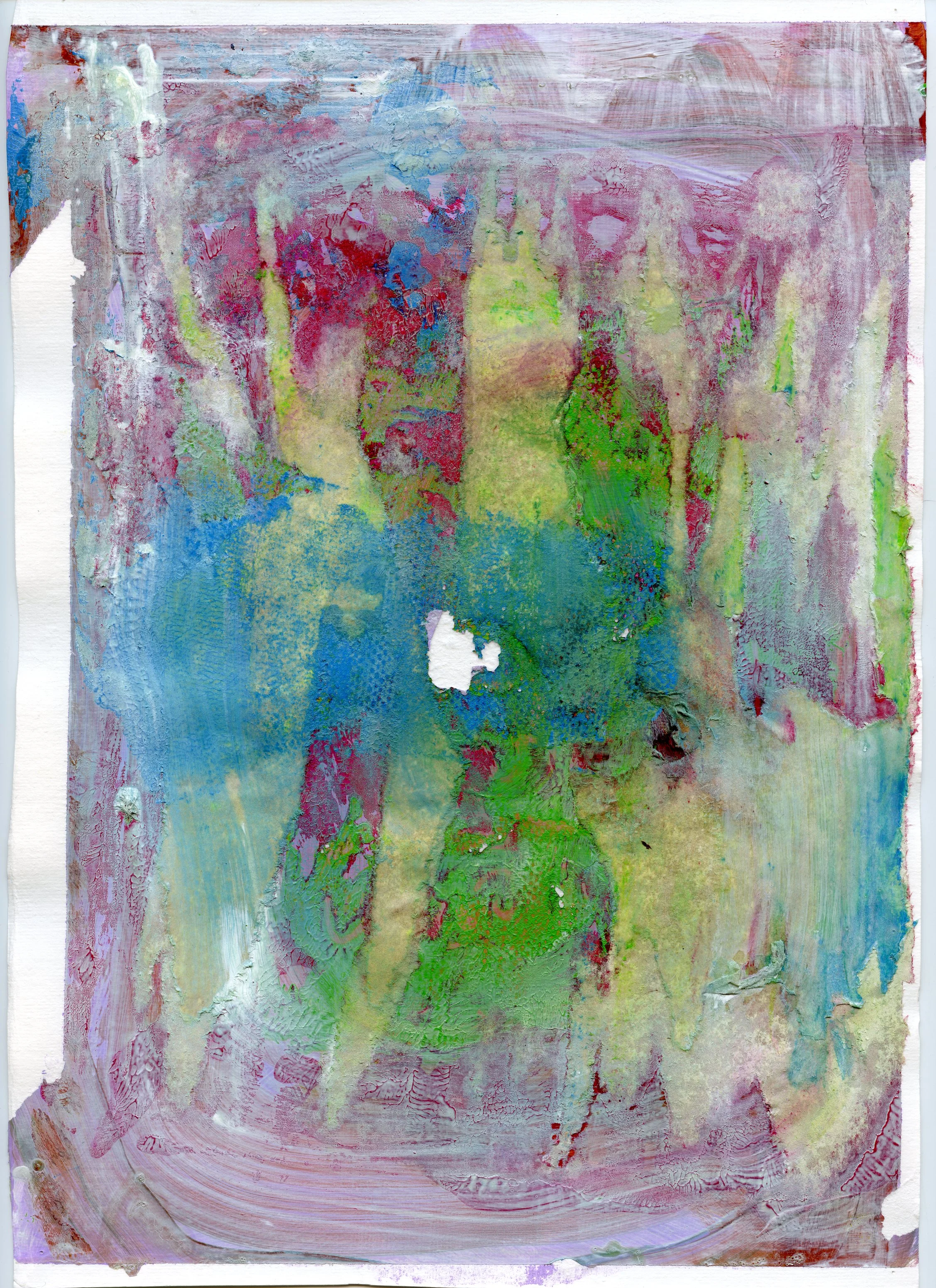 An abstract, colorful painting with various shades of pink, green, blue, and purple, featuring layered textures and brushstrokes.
