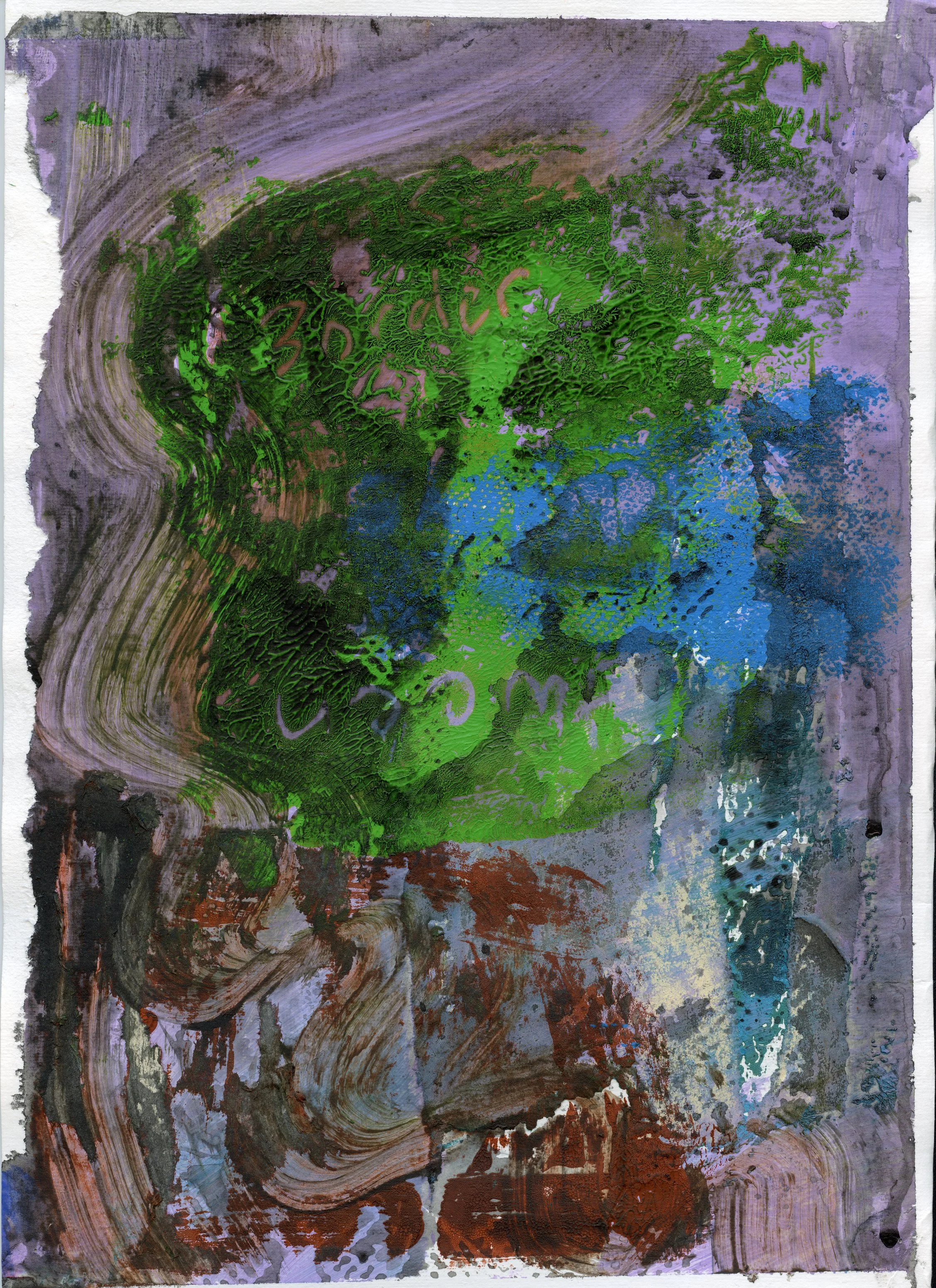 Abstract painting with swirling colors of green, purple, blue, brown, and hints of beige; with some illegible purple text scribbled across.
