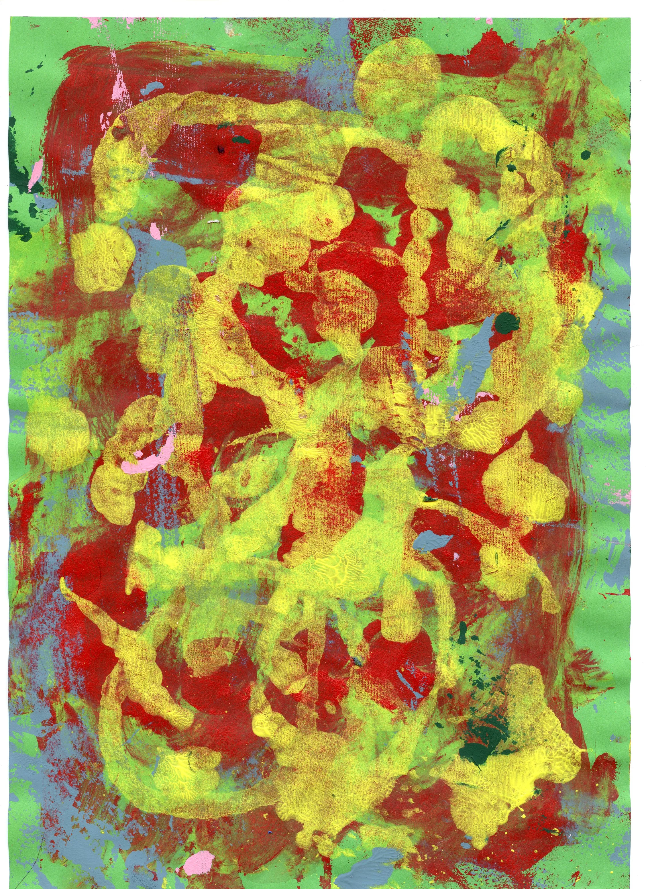 Abstract mixed media artwork with bright colors including yellow, red, green, blue, and pink.