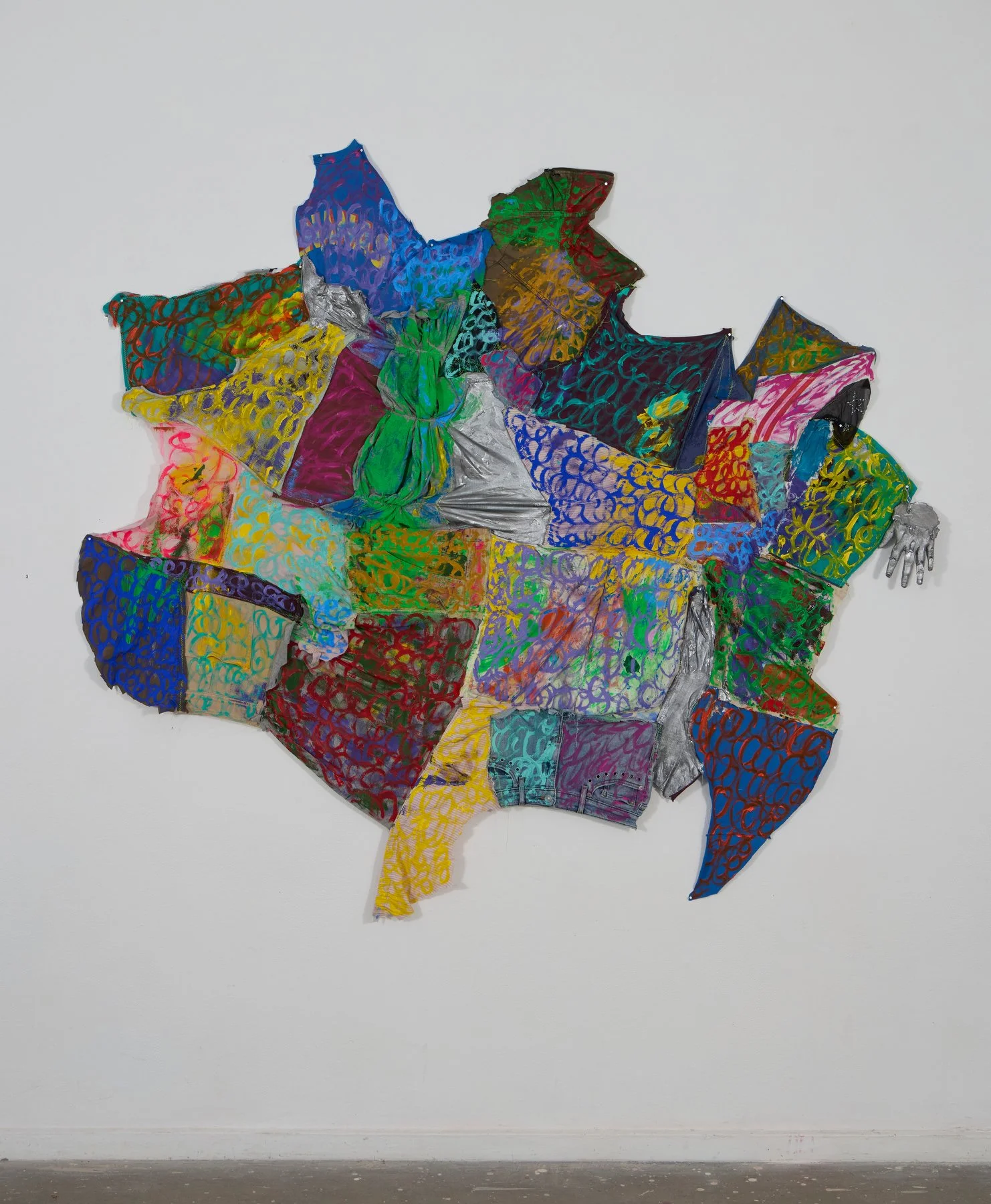 Thingamabob, 2024, acrylic on machine-stitched textiles, plaster cast hands and bought chain