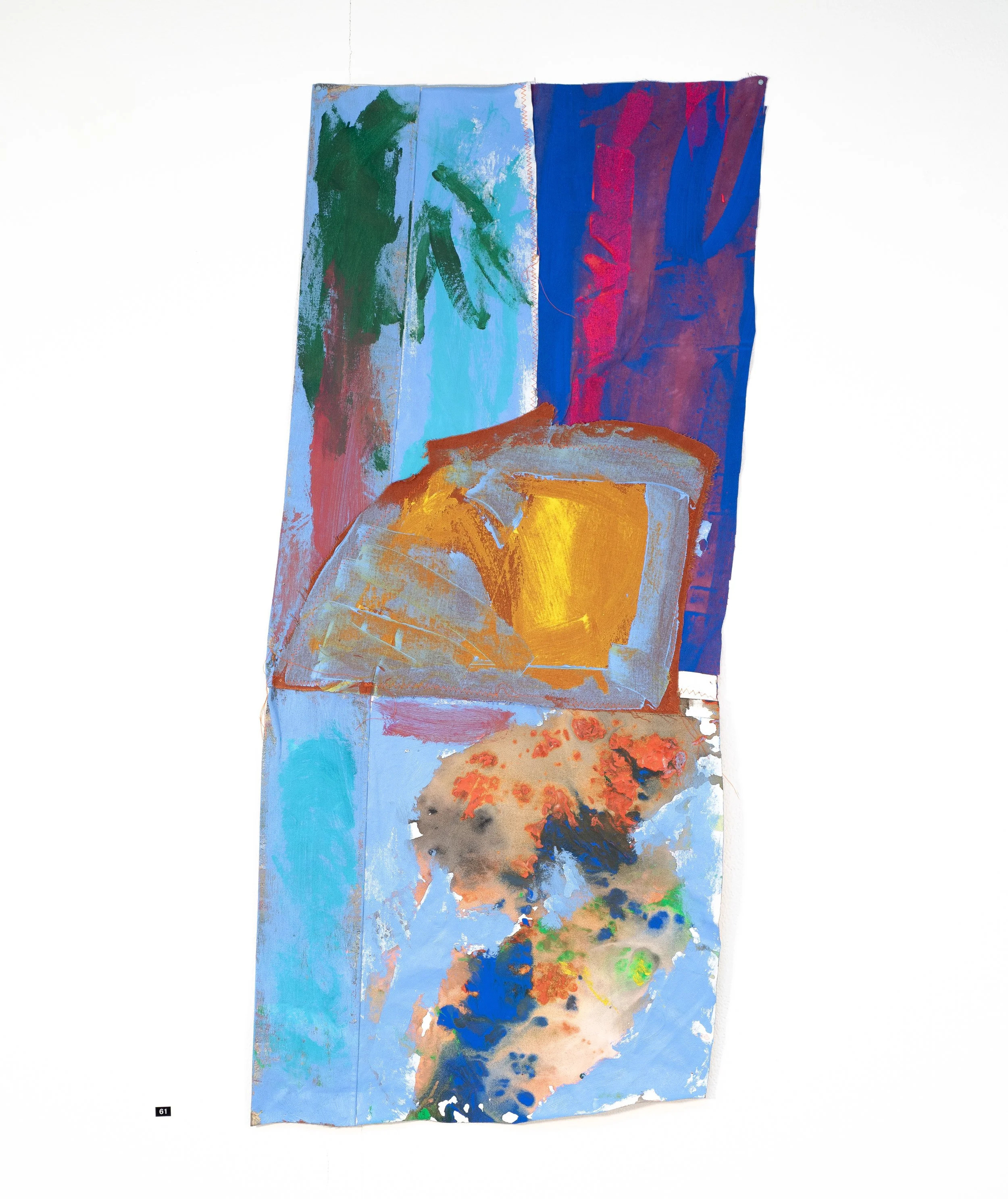 Sophia Childs, Flank, 2025, acrylic
on machine-stitched found textiles,
96x42cm