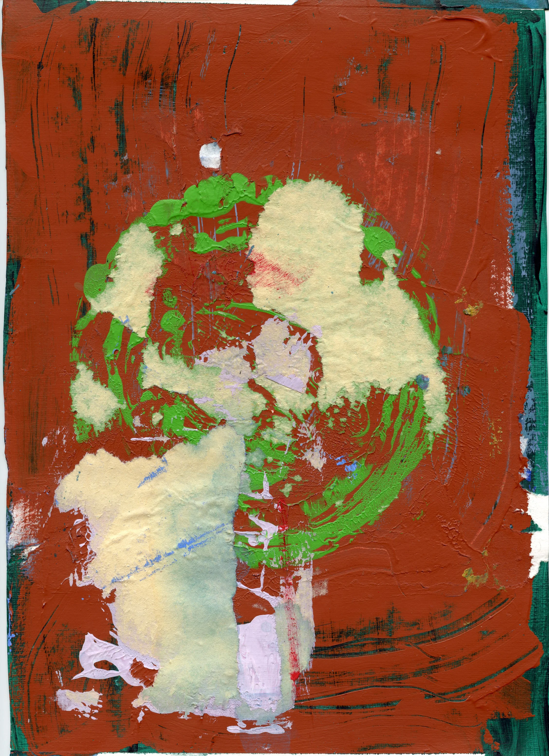 Abstract painting with reddish-brown background, green and cream-colored textured shapes, and scribbled black lines.