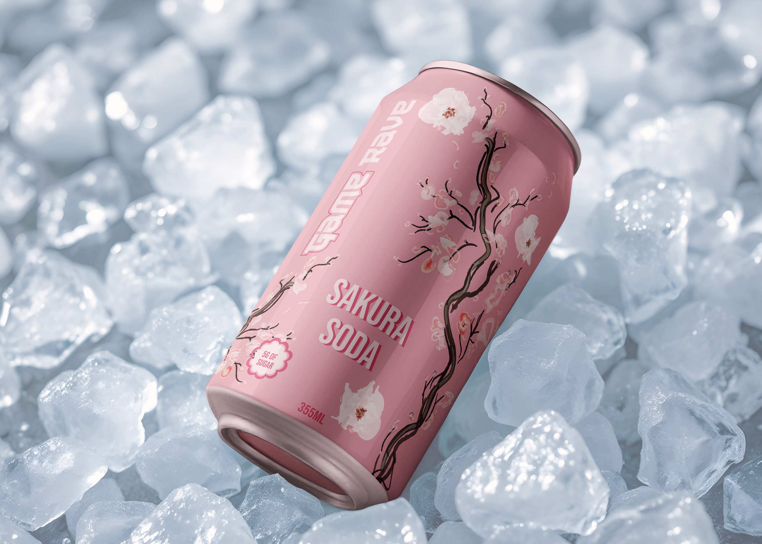 Pink soda can with cherry blossom trees and flowers on a background of ice