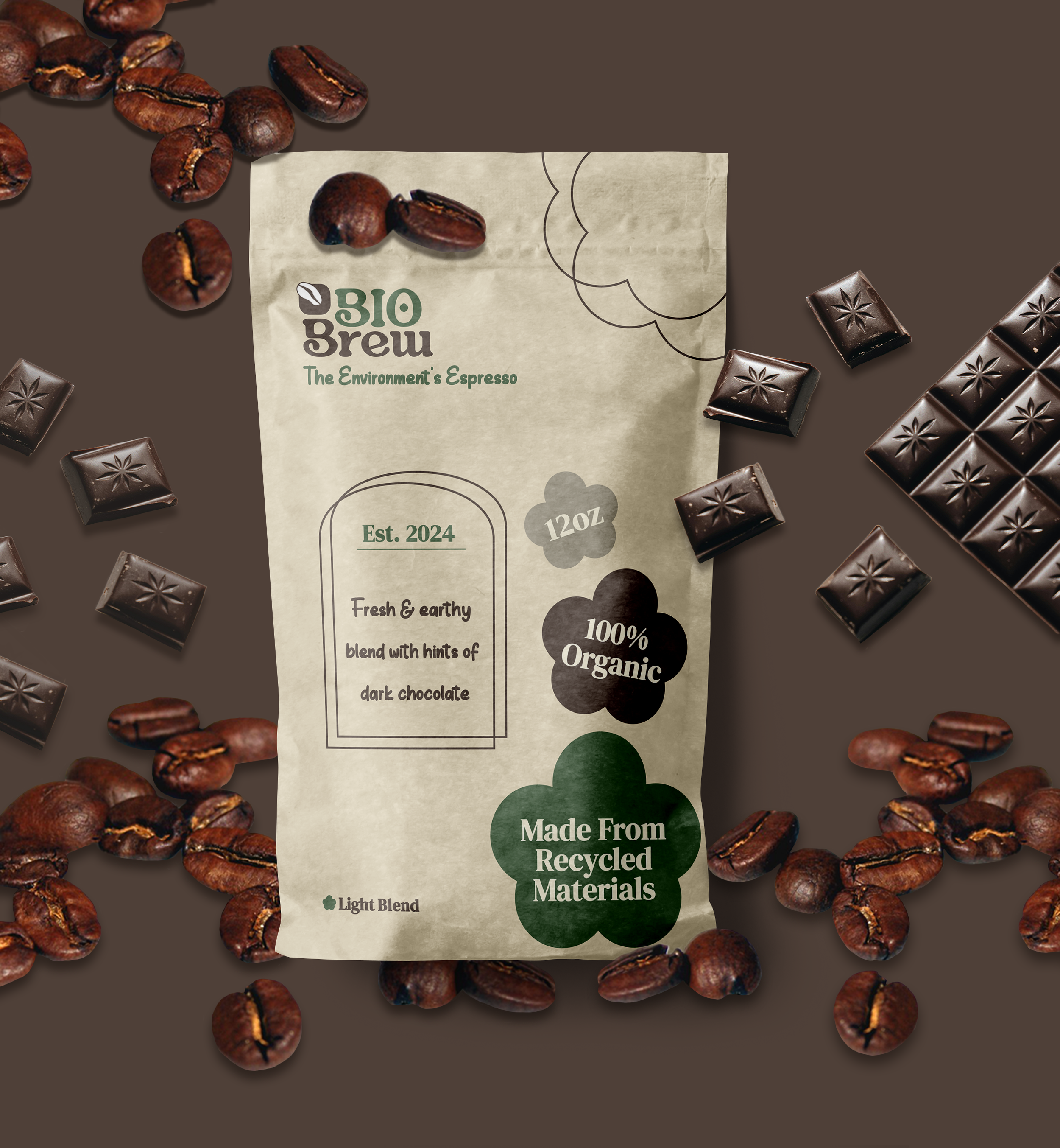 Beige coffee bean bag with brand logo, text explaining the type of bean, and flower decals
