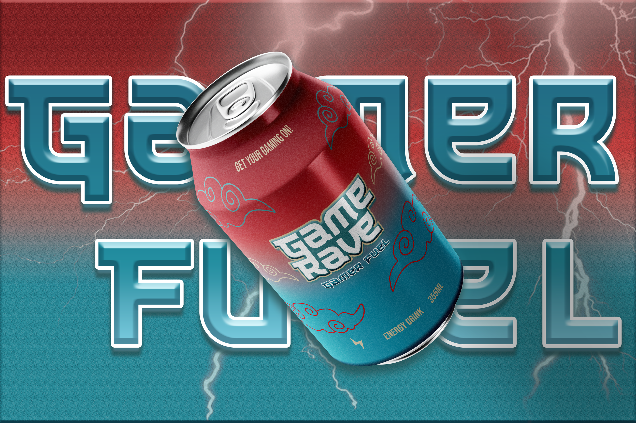 Blue and red soda can with outlines of clouds on a red and blue background with text saying "gamer Fuel"