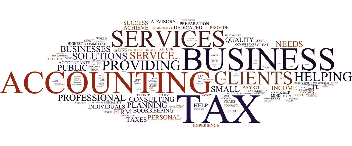 A word cloud with words related to accounting, taxes, business, and client services. Prominent words include ACCOUNTING, TAX, BUSINESS, SERVICE, CLIENTS, PROVIDING, SOLUTIONS, HELP, and PROFESSIONAL.