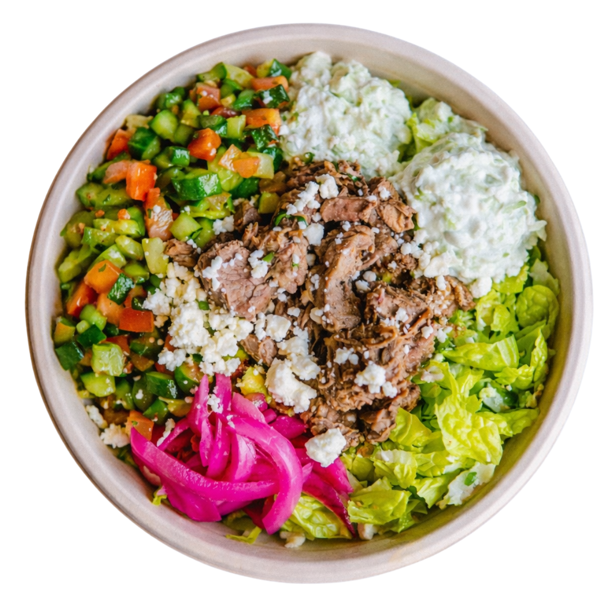 the santorini spread beef and fresh vegetables bowl