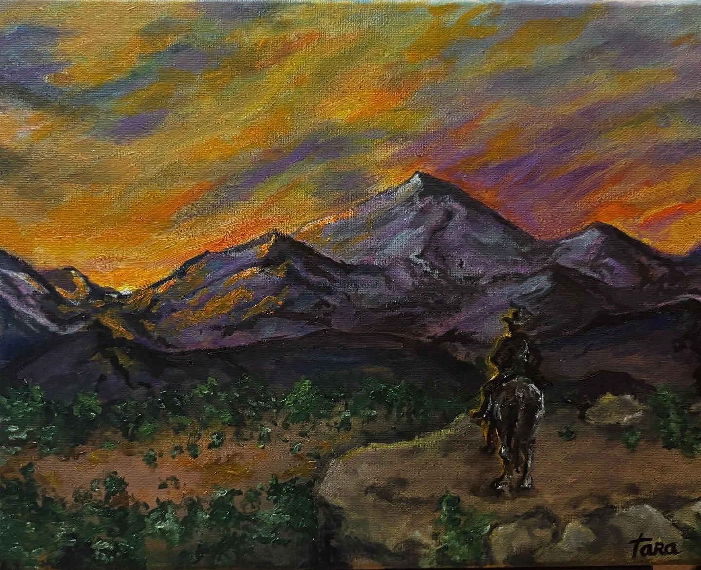 &ldquo;Western Sky for my Grandpa&rdquo; :) 
-acrylic on canvas
-this was a gift for my grandpa&rsquo;s 80th birthday! He loves cowboys and the American Wild West so I painted him this scene!