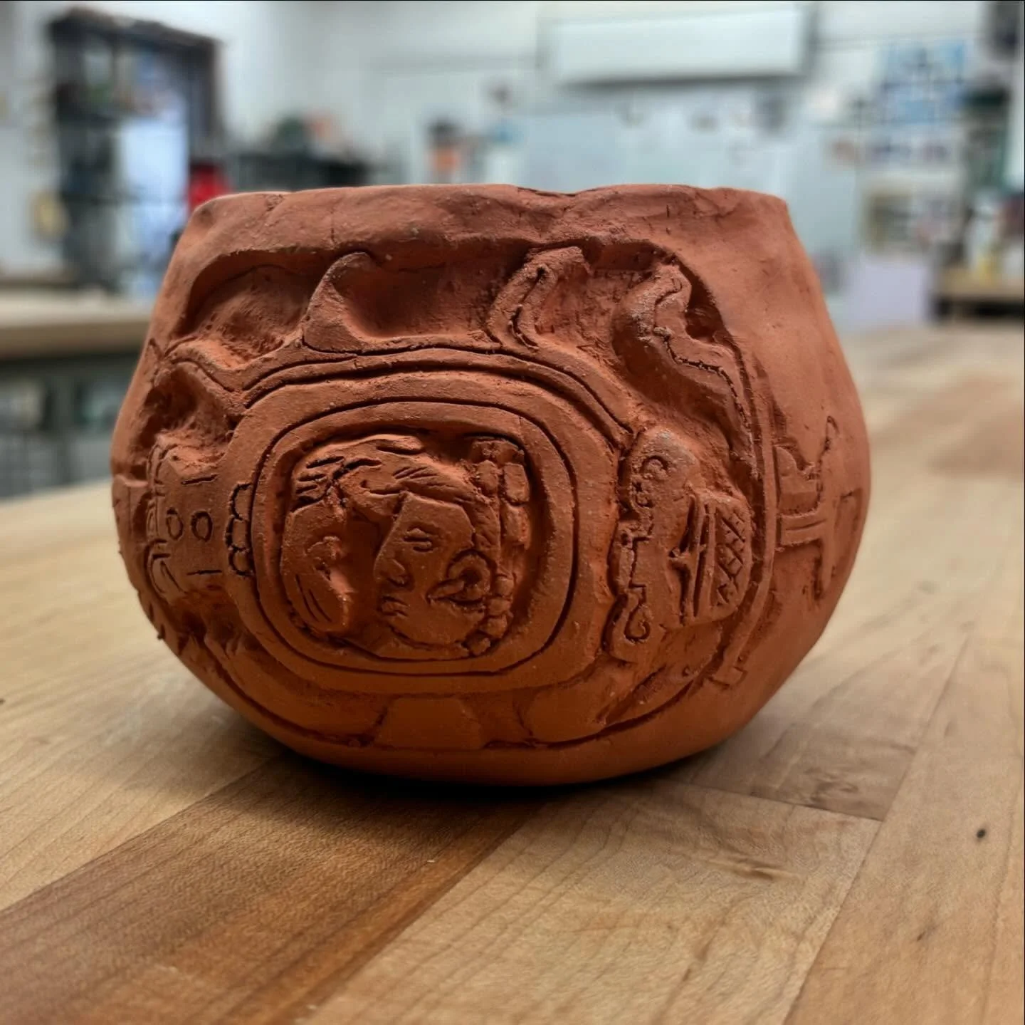 Ceramics historic remix made in earthenware clay 

-a combination of two Mayan bowls&rsquo; decoration I found in the St. Louis Art Museum 
-made very quickly in about two class periods😭 
-fired low temperature for earthenware