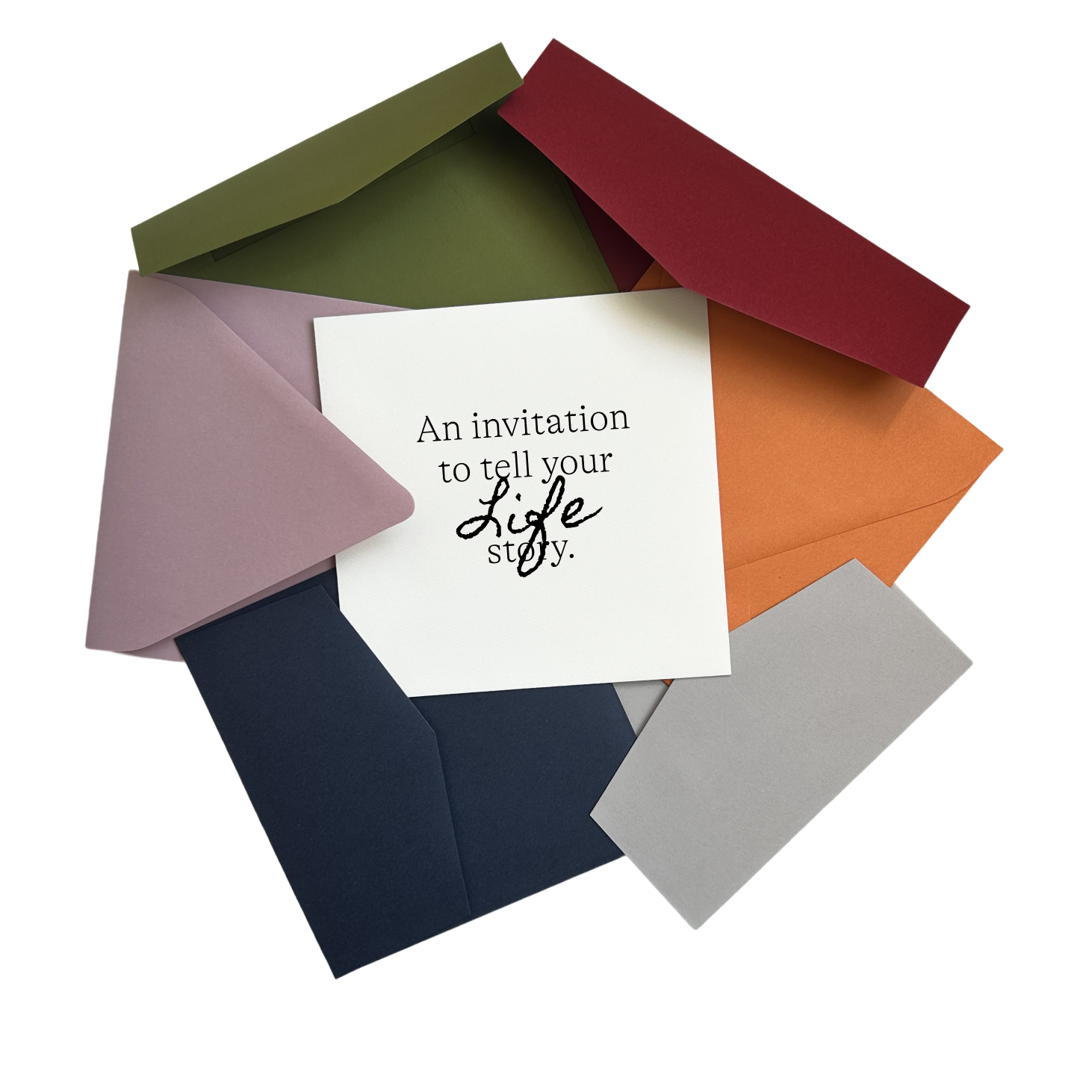 Colorful open envelopes surrounding a white card with the text "An invitation to tell your life story."