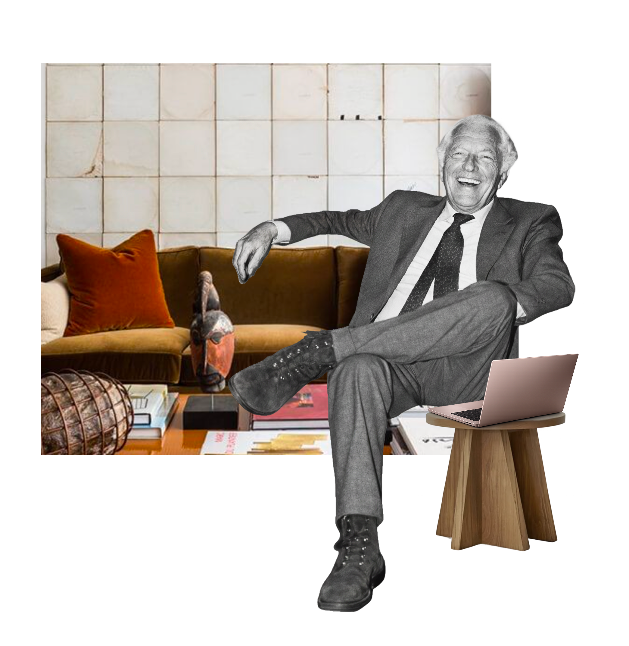 A black and white photo of a man in a suit and tie with one leg crossed over the other, sitting on a stool with a pink laptop, in a colorful modern living room with a brown sofa. He is being interviewed about his life story.