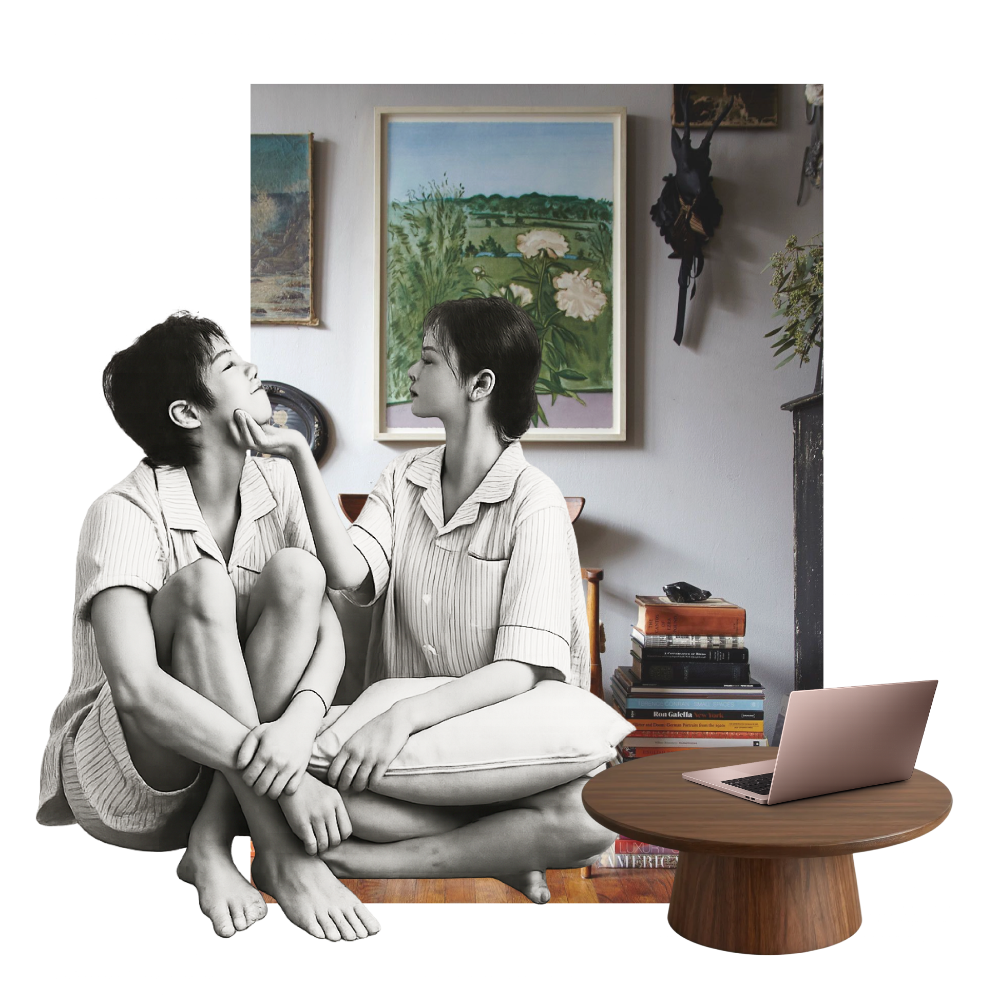Love Audio Portrait: A black and white photo of a couple sitting on a sofa in their living room with wall art and a stack of books. The are sitting in front of a laptop where they are being interviewed about their love story.
