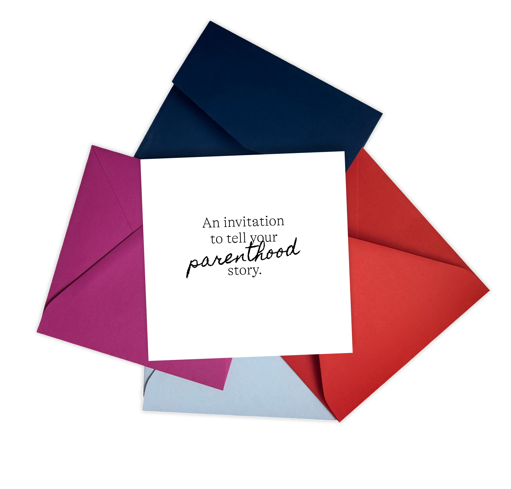 Colorful origami envelope with a white card inside that reads 'An invitation to tell your parenthood story.'