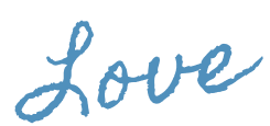 Blue handwritten text spelling 'Love'.