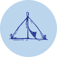Line drawing of a sailboat on water with a single mast and sail, inside a light blue circular background.