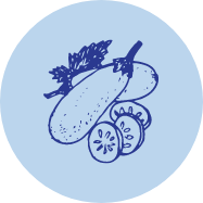 Illustration of a cucumber with slices and herbs on a blue background.
