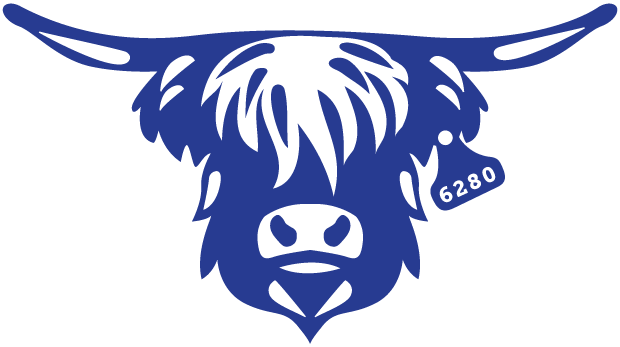 Black and blue bull mascot face with horns and a tag numbered 6280.