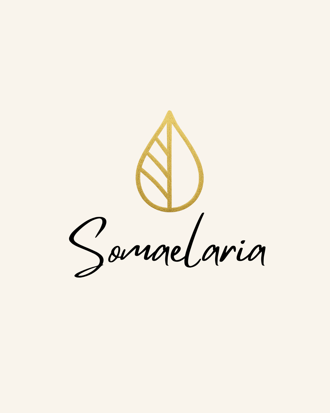 Logo featuring a gold outline of a leaf and the word 'Somelaria' in black cursive font on a beige background.