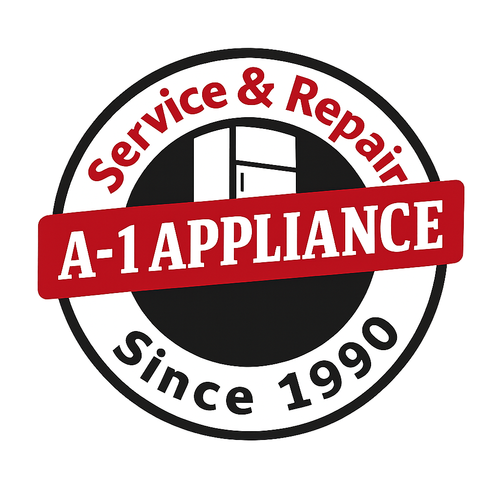 A circular logo for 'Service & Repair' featuring a refrigerator illustration in the center, with 'A-1 APPLIANCE' on a red banner across the middle, and text indicating service since 1990.