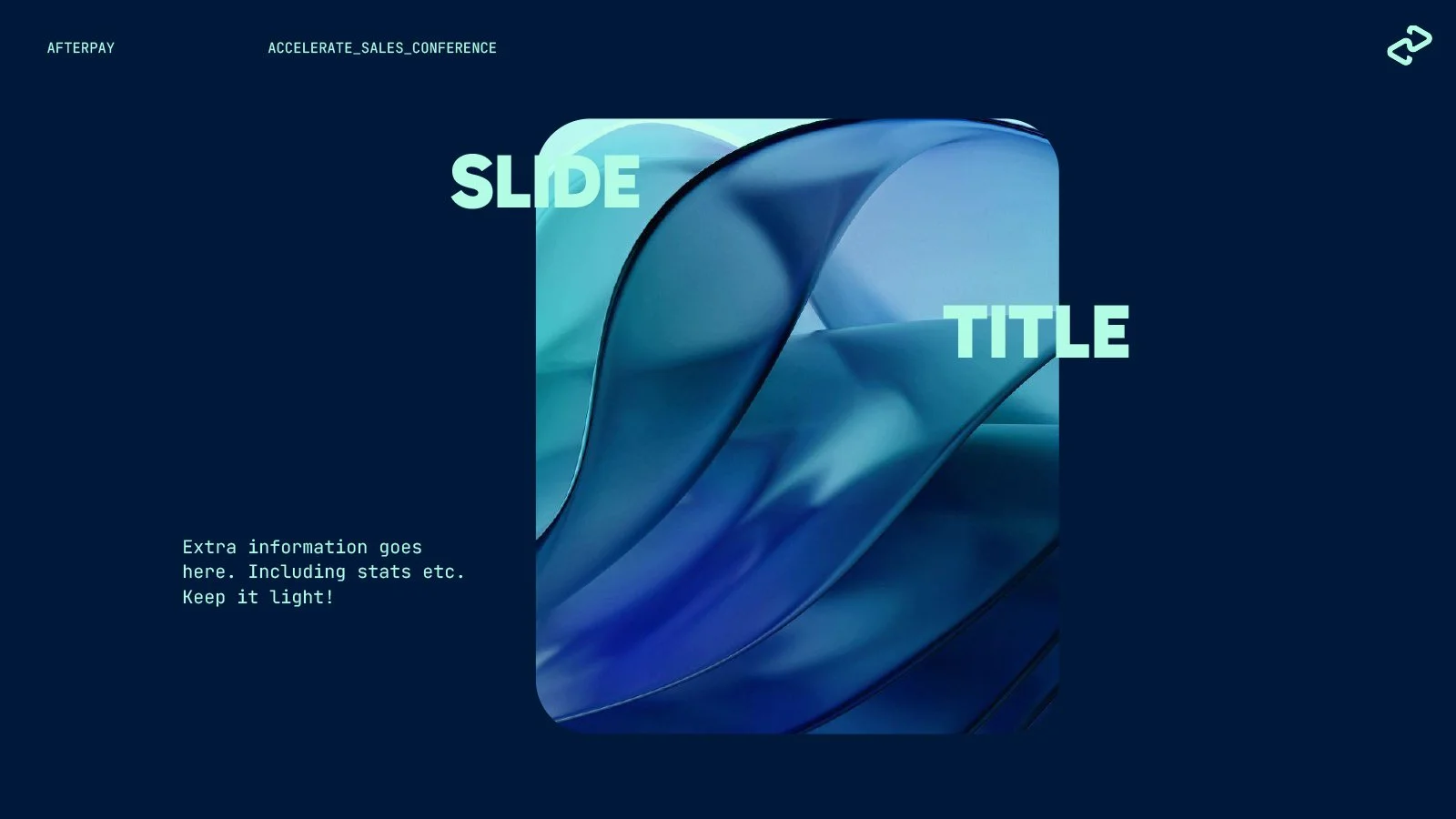 Design slide with abstract blue shapes, the words 'SLIDE' and 'TITLE' in large font, and placeholders for extra information and stats.