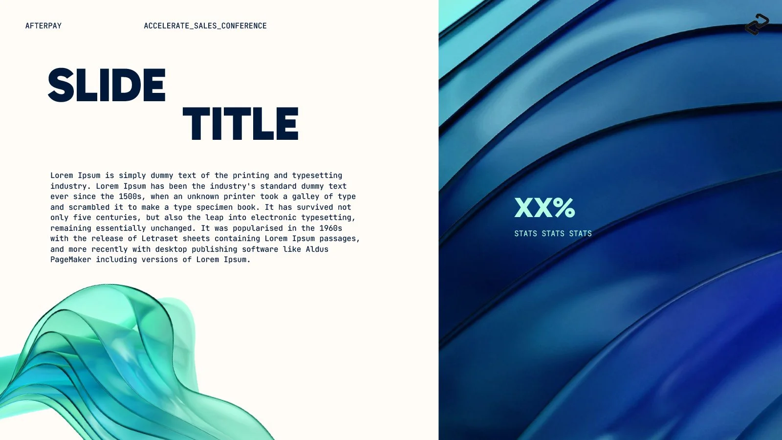 A presentation slide with a white background on the left and a blue textured background on the right. The slide title is in large bold letters, with placeholder text below. On the right side, there are abstract curved blue shapes with a percentage statistic and smaller text underneath.