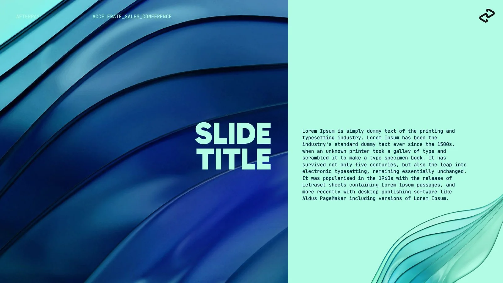 Slide with blue and green abstract background, large bold title text, and placeholder paragraph text.