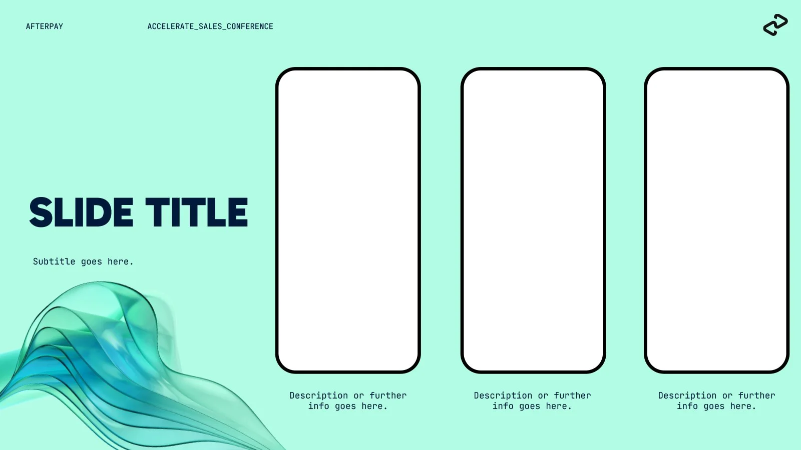 Slide template with a light teal background, three large outlined placeholder boxes for content, a wave-like graphic at the bottom left, and the text 'SLIDE TITLE' in bold, with a subtitle area below, and small descriptive text under each placeholder box.