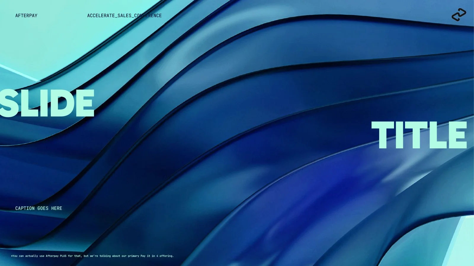 Abstract blue wave design with text that reads 'SLIDE' on the left and 'TITLE' on the right, with smaller text at the top and bottom of the slide.